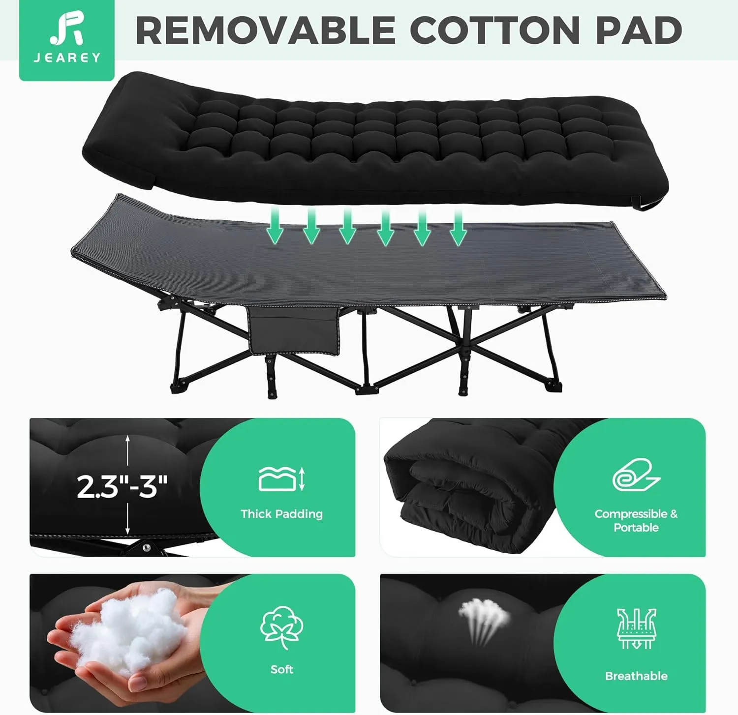 JEAREY Folding Camping Cot,Camping Cots for Adults with Mattress, Camping Portable Bed with Carry Bag for for Guest,Travel,Hiking,Black