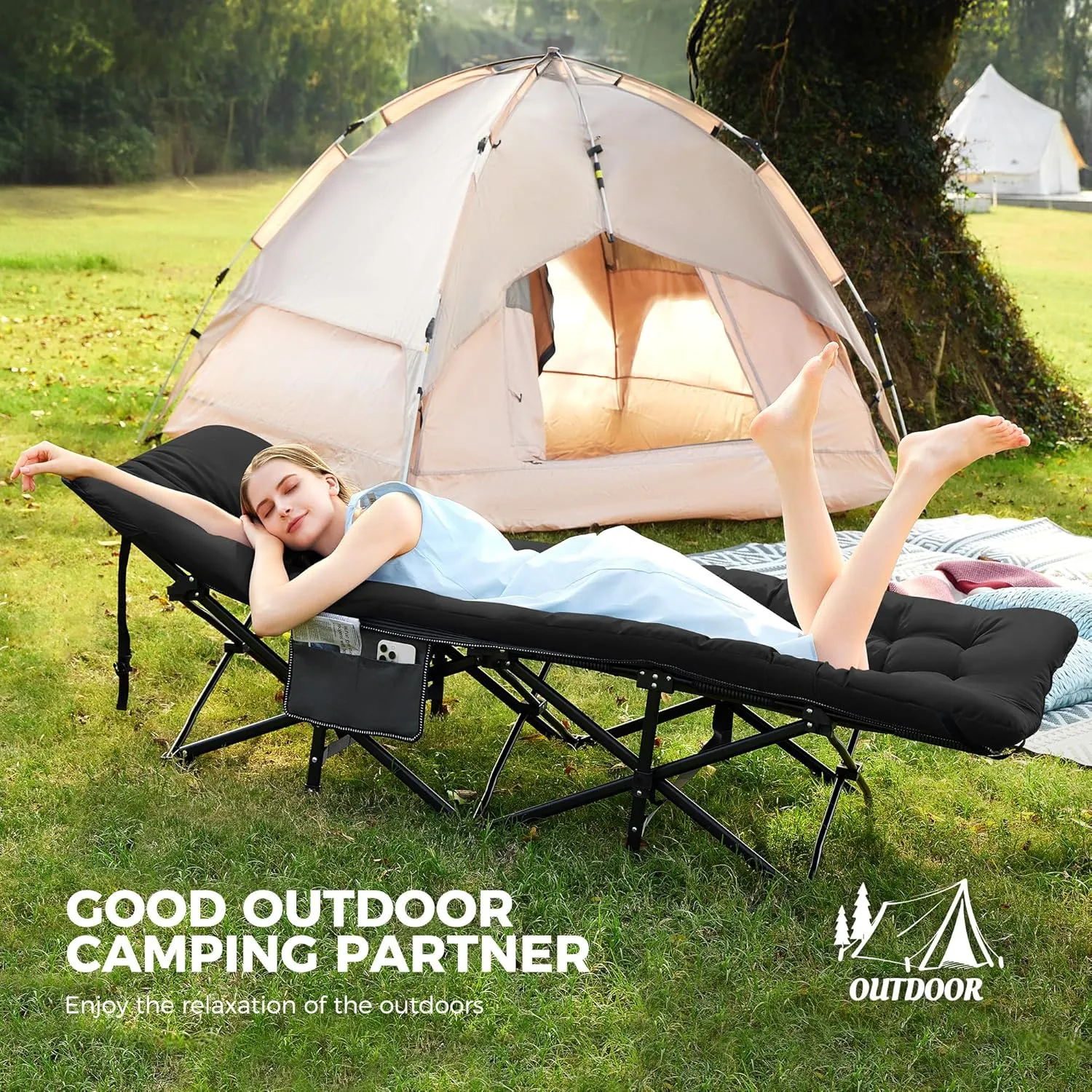 JEAREY Folding Camping Cot,Camping Cots for Adults with Mattress, Camping Portable Bed with Carry Bag for for Guest,Travel,Hiking,Black