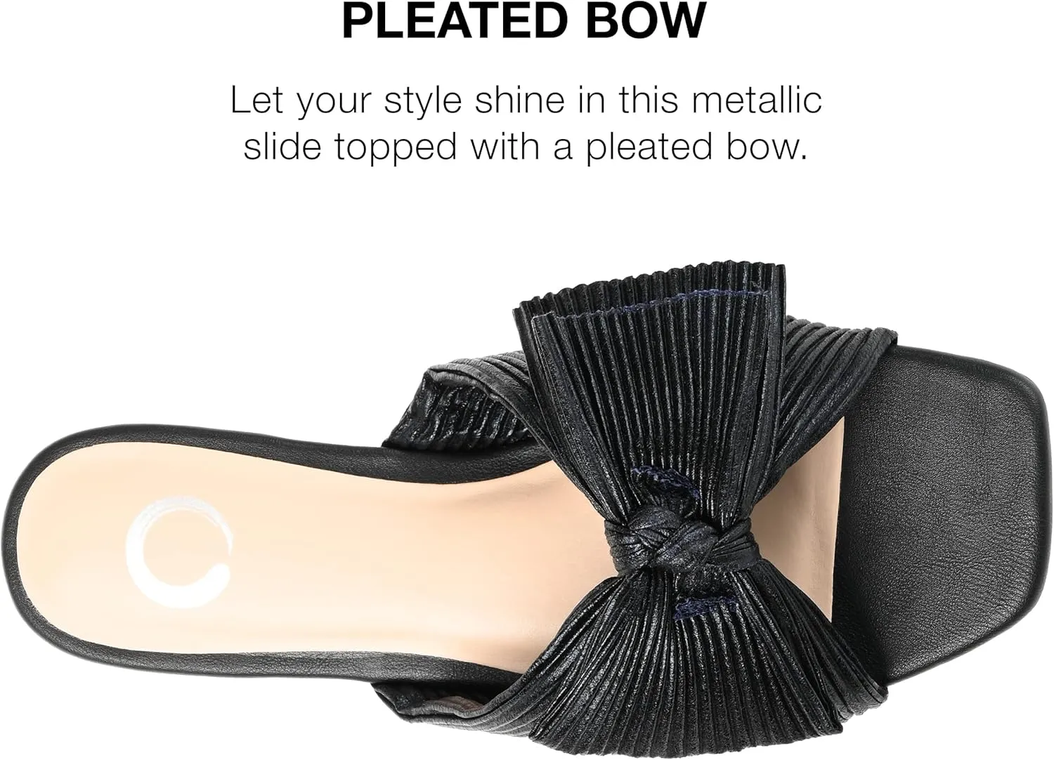 Journee Womens Pleated Metallic Bow Knot Low Block Heel Padded Open Square Toe Serlina Slide Sandal