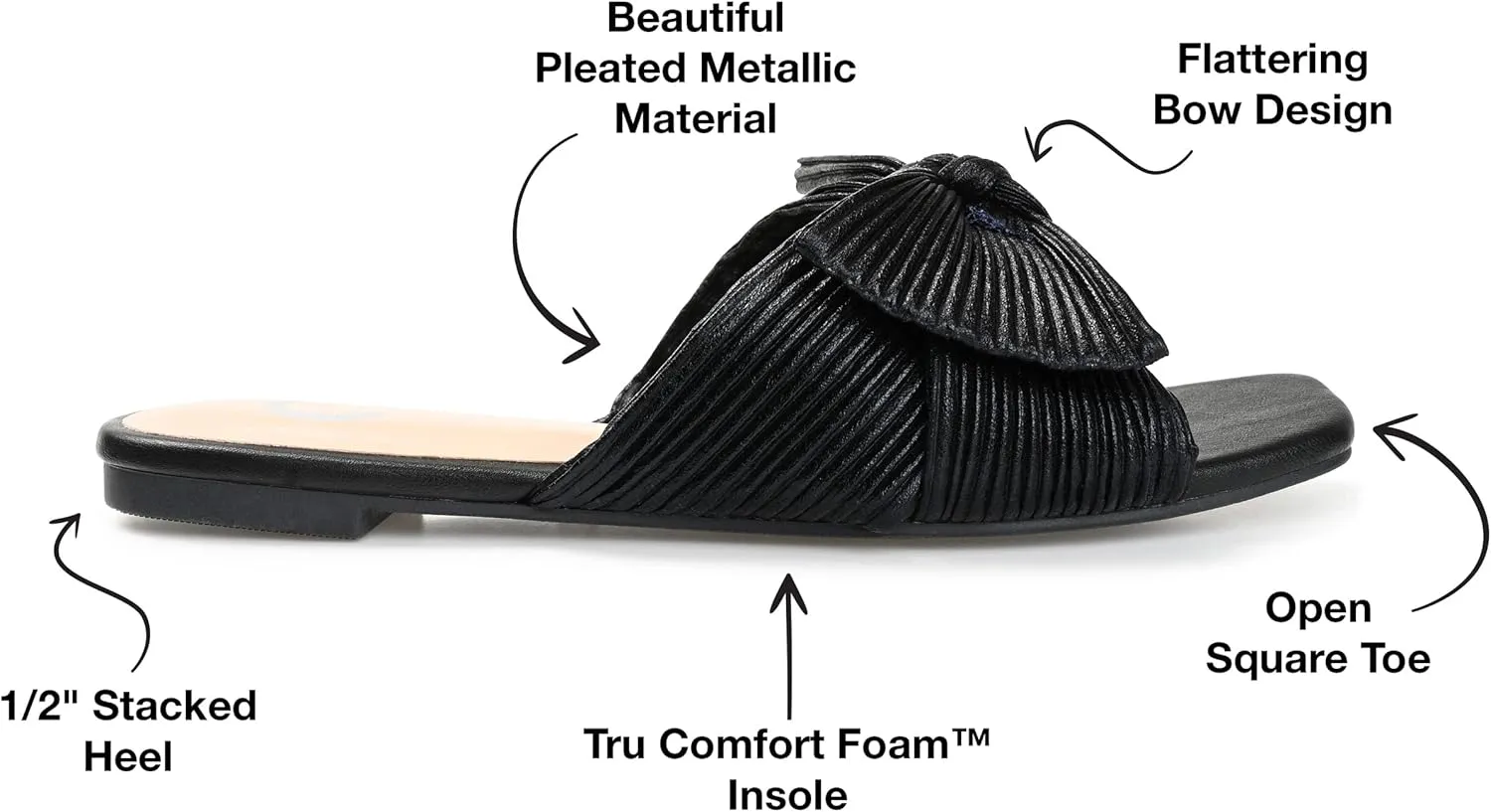 Journee Womens Pleated Metallic Bow Knot Low Block Heel Padded Open Square Toe Serlina Slide Sandal