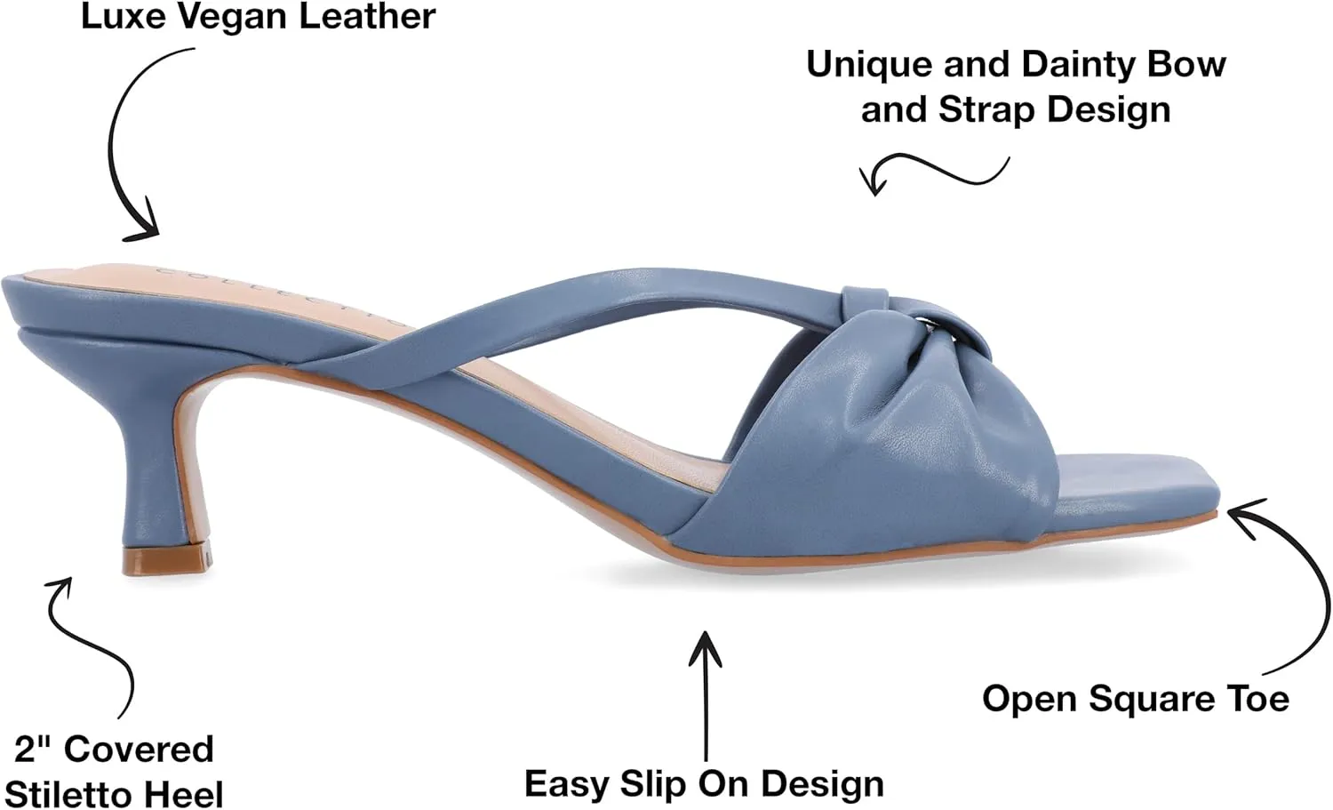 Journee Womens Strappy Bow Slip On Open Square Toe Stiletto Low Kitten Heel Padded Slide Starling Pumps
