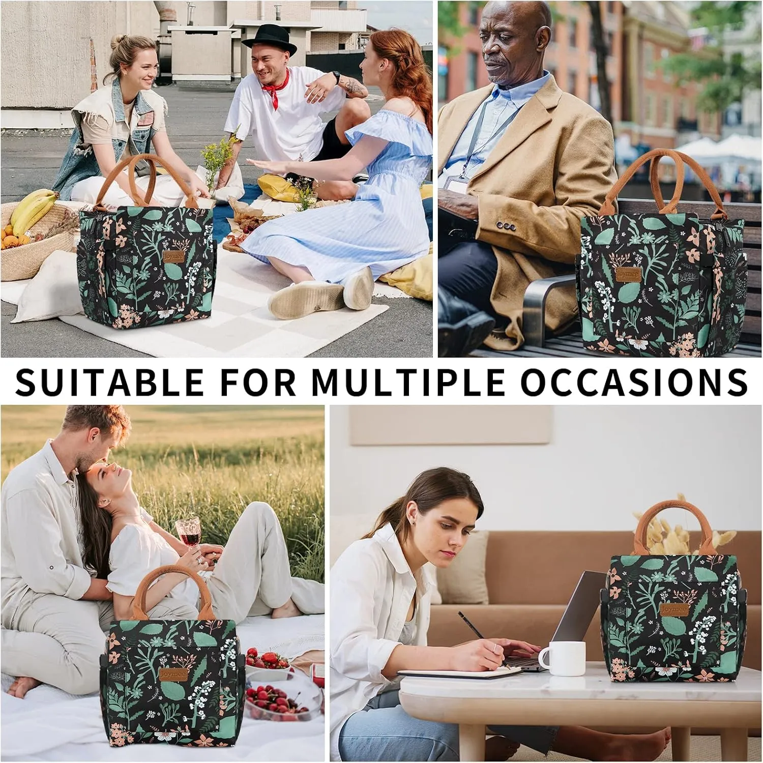 Joymee Lunch Bag - Large Capacity, Insulated, Reusable, Durable, Adjustable Shoulder Strap, Green Leaf