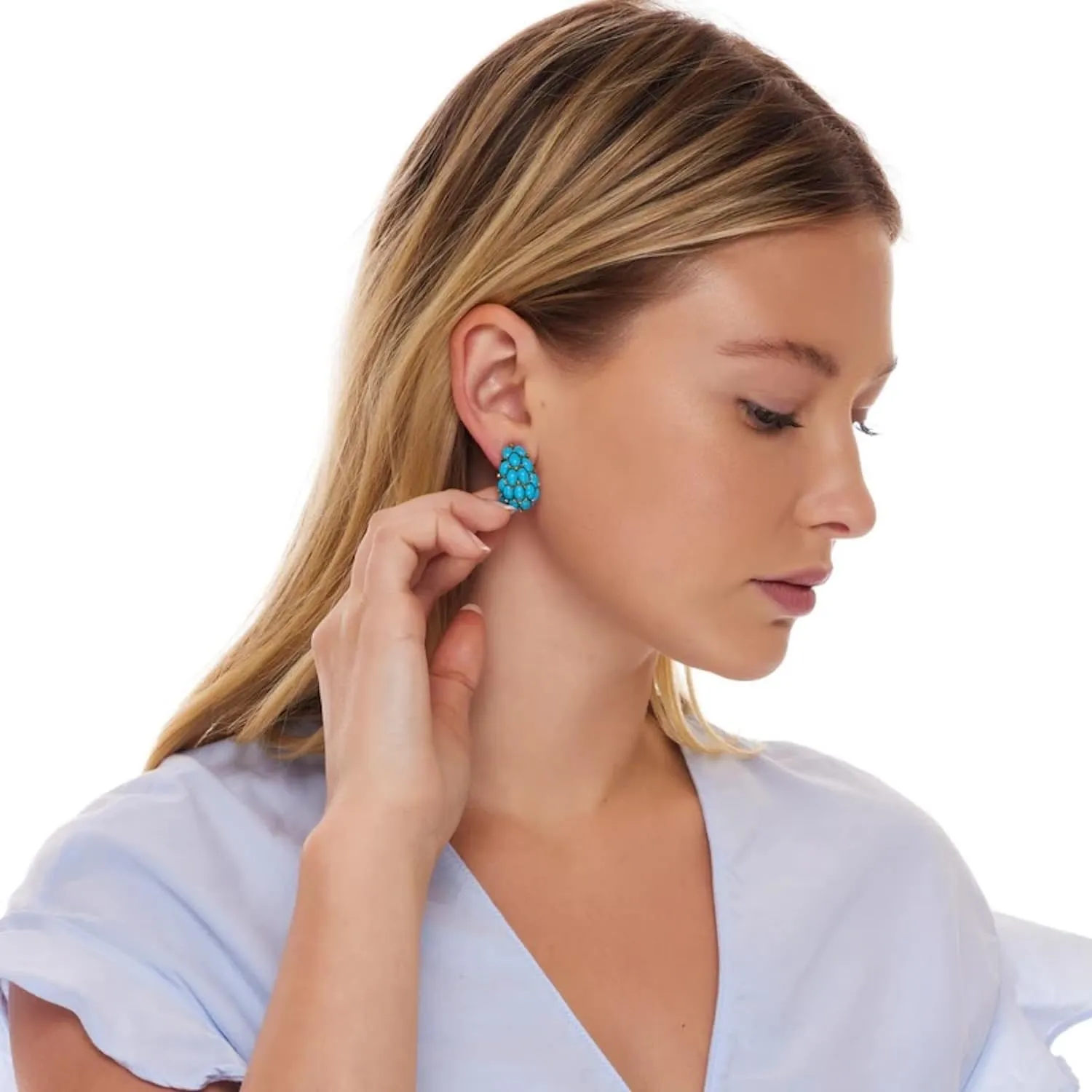 Kenneth Jay Lane Turquoise-Color Clip-On Button or Cabochon Hoop Earrings