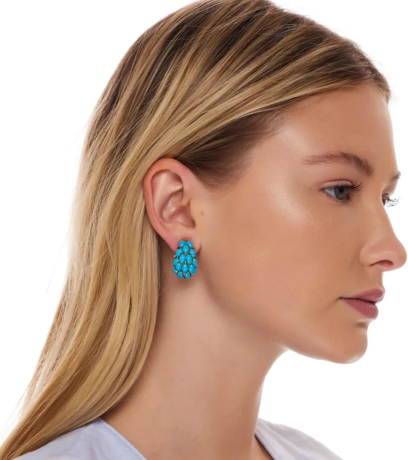 Kenneth Jay Lane Turquoise-Color Clip-On Button or Cabochon Hoop Earrings