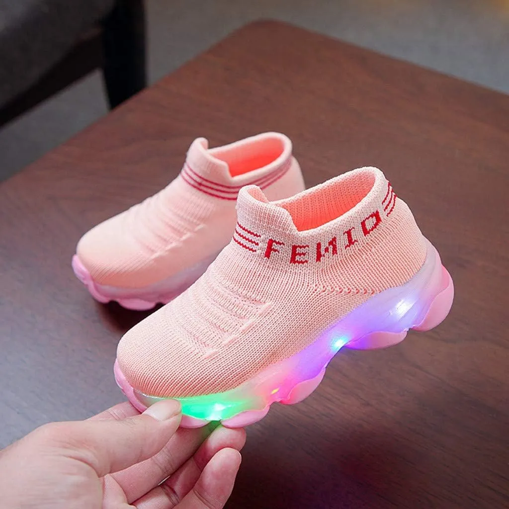 Kids LED Light Up Shoes Boy Girl Soft Knit Breathable Sock Soles Casual Flashing Slip-On Sneakers New Year Gift