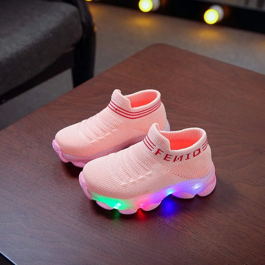 Kids LED Light Up Shoes Boy Girl Soft Knit Breathable Sock Soles Casual Flashing Slip-On Sneakers New Year Gift