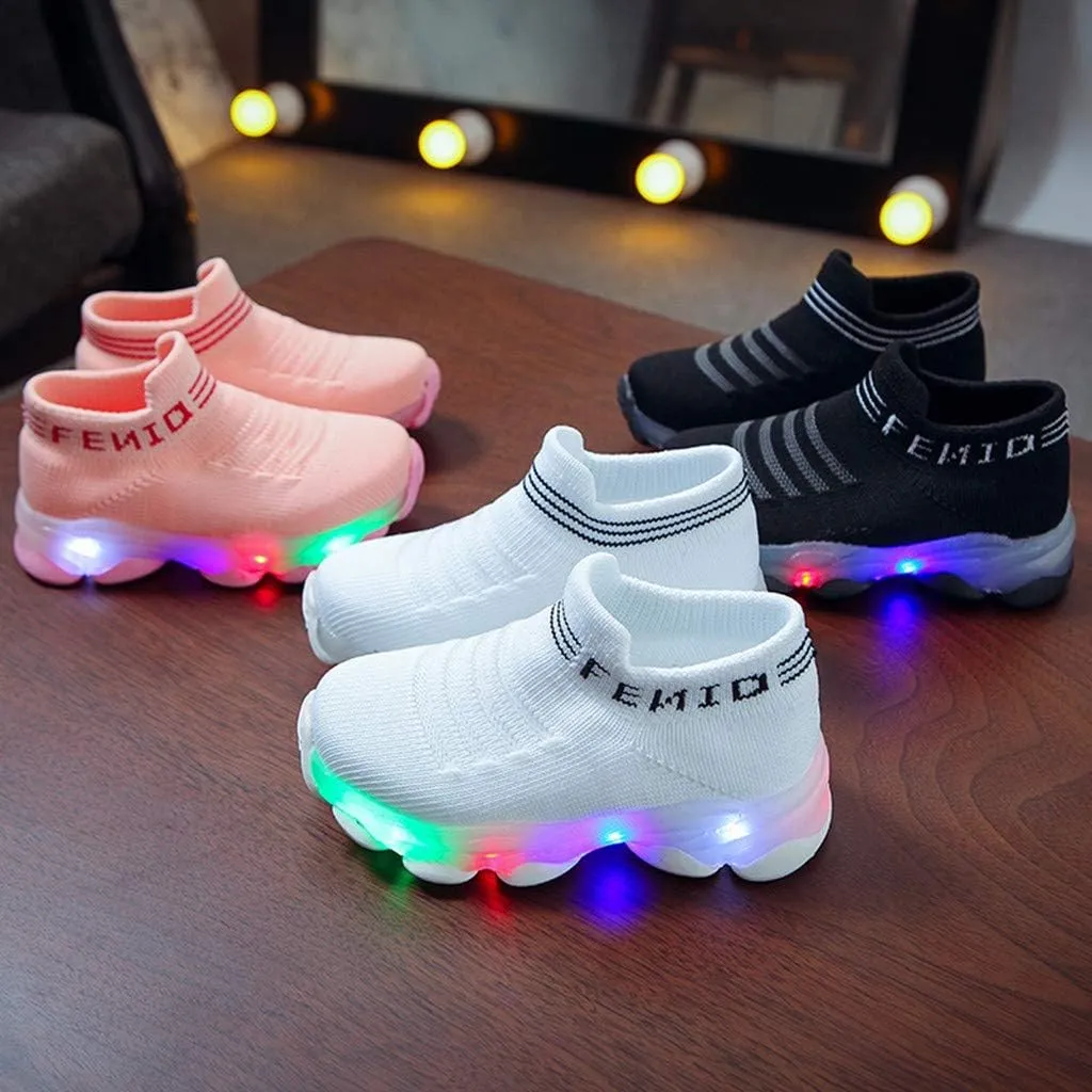 Kids LED Light Up Shoes Boy Girl Soft Knit Breathable Sock Soles Casual Flashing Slip-On Sneakers New Year Gift