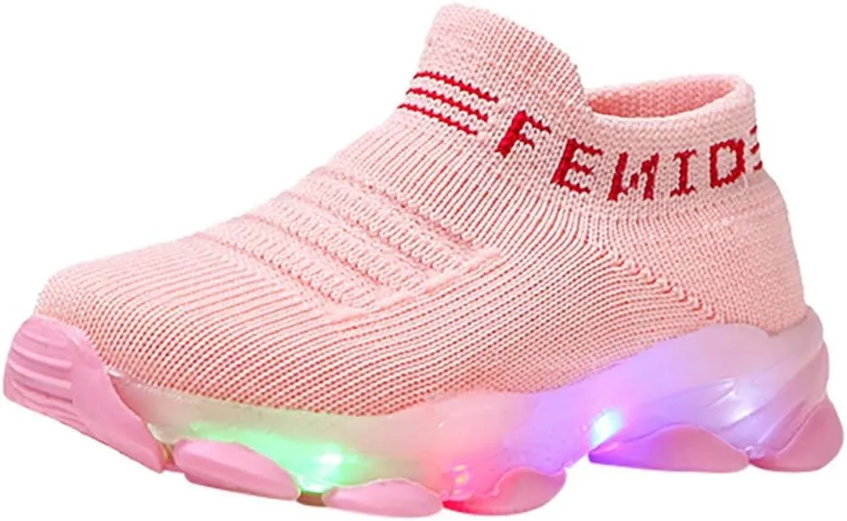 Kids LED Light Up Shoes Boy Girl Soft Knit Breathable Sock Soles Casual Flashing Slip-On Sneakers New Year Gift