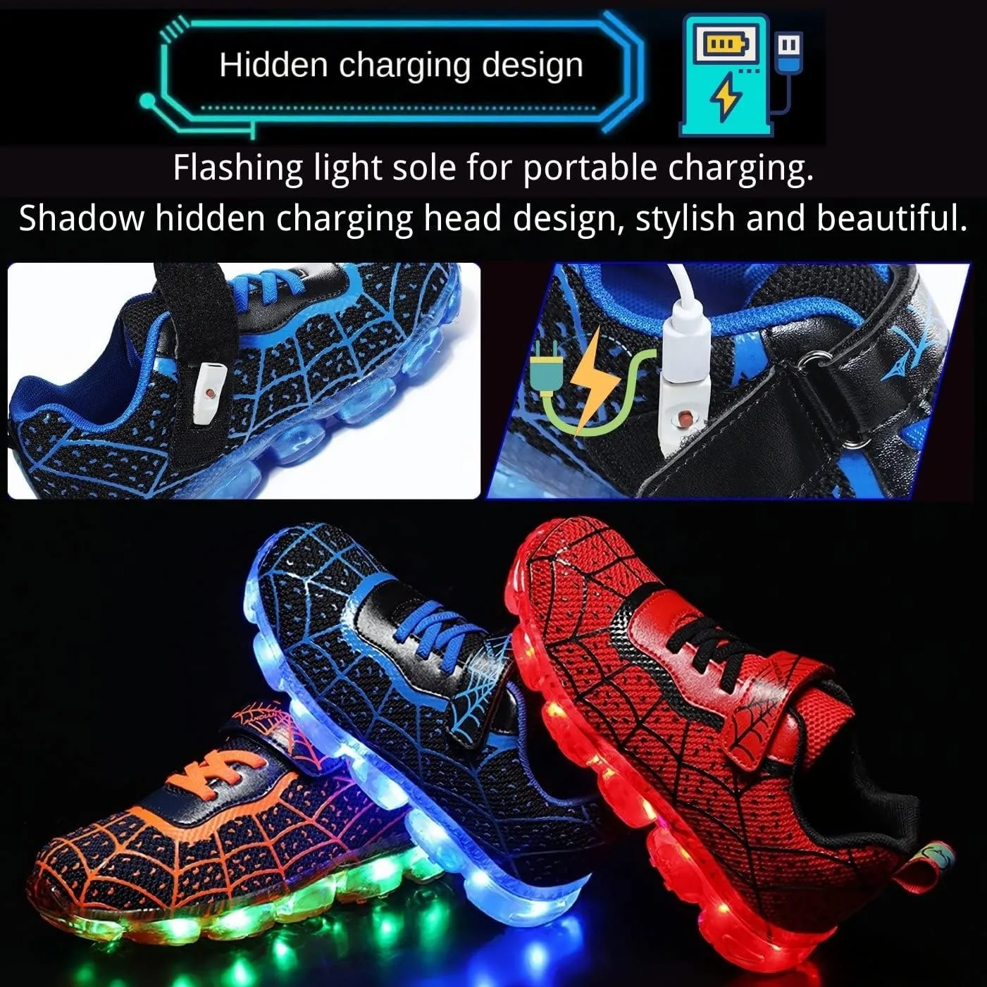 Kids Led Light Up Shoes Flash Sneakers with Spider Upper USB Charge Luminous Trainers for Boys Girls Toddles