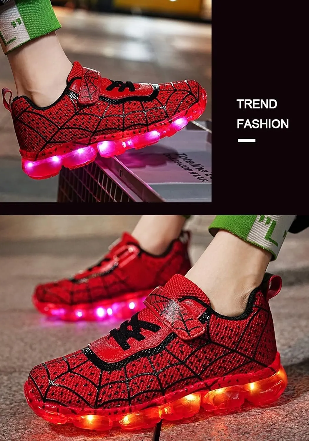 Kids Led Light Up Shoes Flash Sneakers with Spider Upper USB Charge Luminous Trainers for Boys Girls Toddles