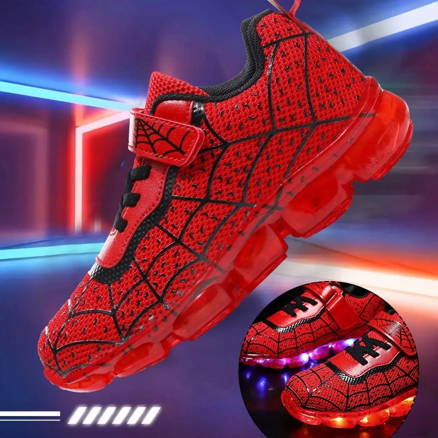 Kids Led Light Up Shoes Flash Sneakers with Spider Upper USB Charge Luminous Trainers for Boys Girls Toddles