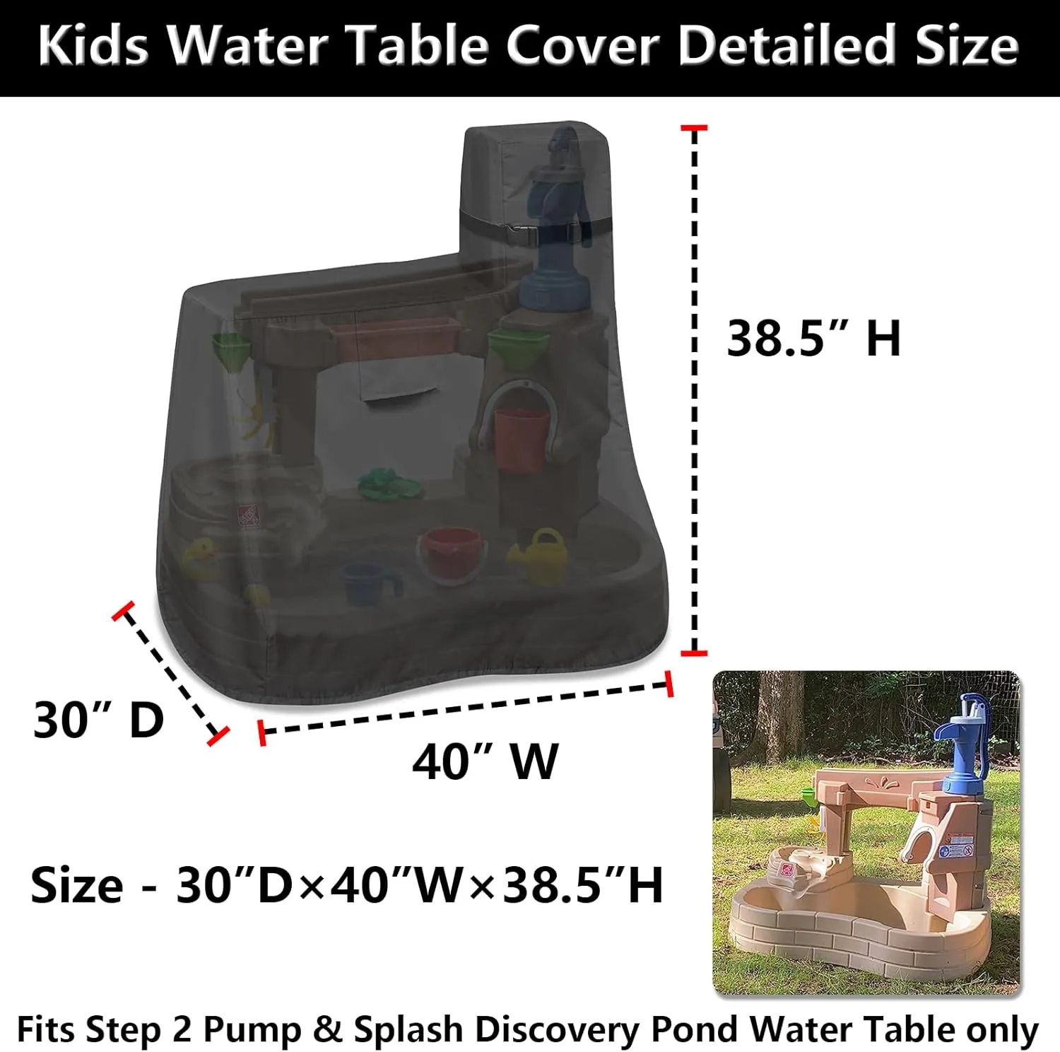 Kids Water Table Cover for Step2 Pump & Splash Discovery Pond Water Table, Outdoor UV, Fade-resistant, Wind and Dust Protection Toddlers Water Sensory Activity Pool Cover (Black)