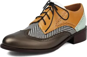 KiutSymo Women's Wingtip Oxford Shoes Lace up Round Toe Oxfords Chunky Heel Vintage Brogue Shoes Office Work Casual