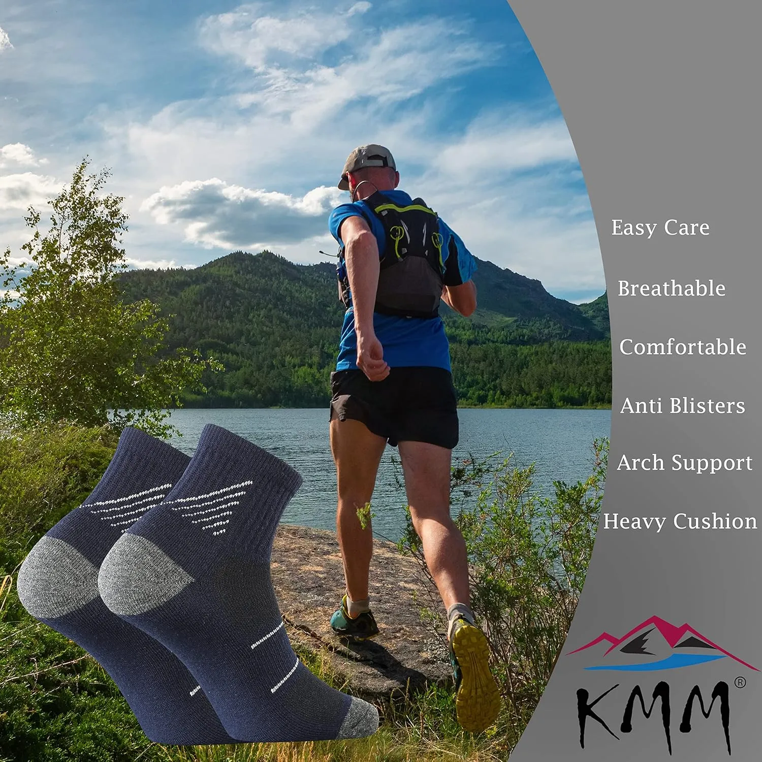 KMM Men's Merino Wool Low Cut Ankle Socks Lightweight Quarter Cushion Anti Blisters Outdoor Hiking Hike Cycling Trail Running