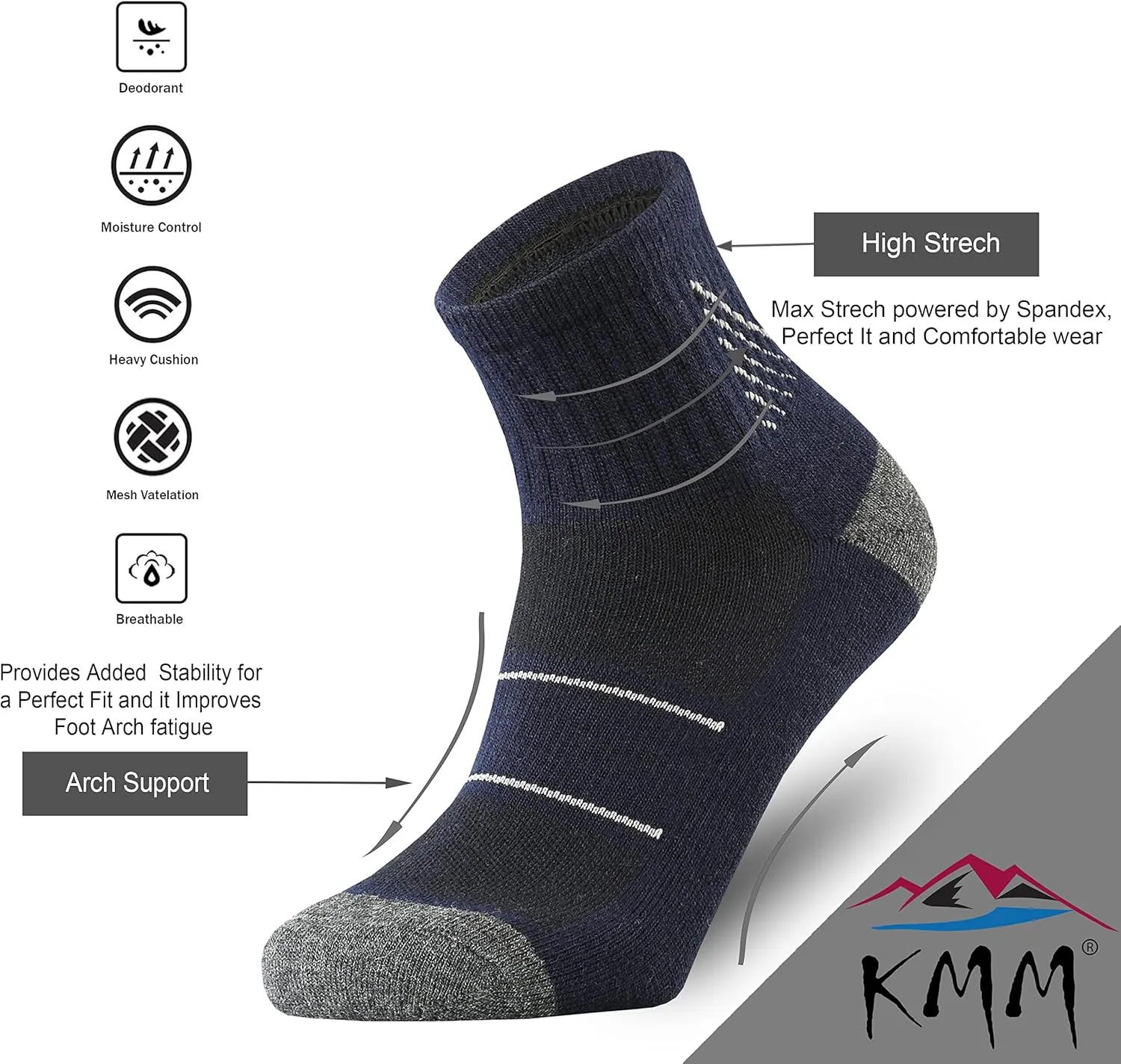 KMM Men's Merino Wool Low Cut Ankle Socks Lightweight Quarter Cushion Anti Blisters Outdoor Hiking Hike Cycling Trail Running