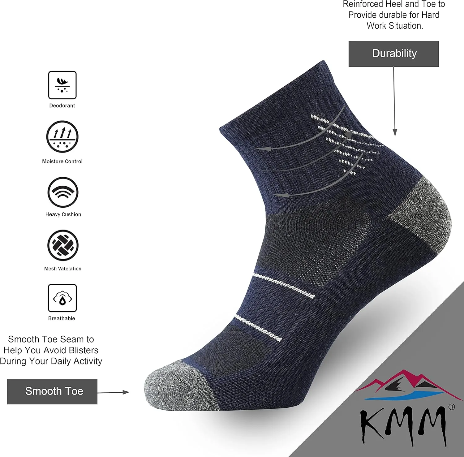 KMM Men's Merino Wool Low Cut Ankle Socks Lightweight Quarter Cushion Anti Blisters Outdoor Hiking Hike Cycling Trail Running