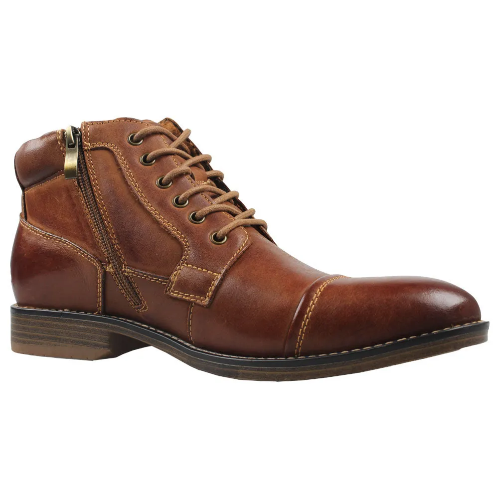 Kunsto Men's Leather Zipper Boots Cap Toe Lace up Outsole Slip Resistant
