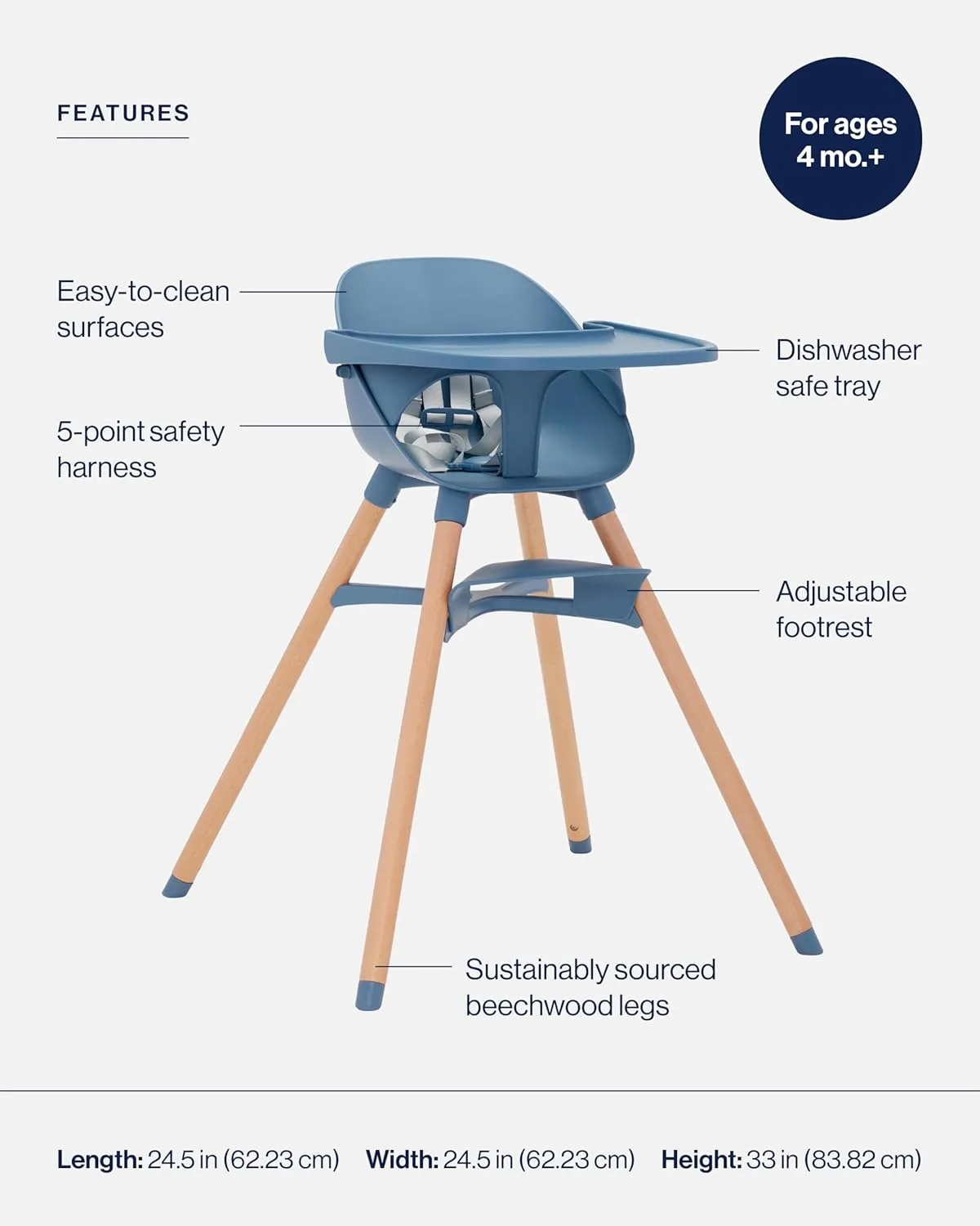 Lalo The High Chair Infant Kit - Convertible Wooden High Chair for Babies & Toddlers with Infant Support & Cushion, Grows with Your Child, Dishwasher Safe Tray, Adjustable Footrest Blueberry