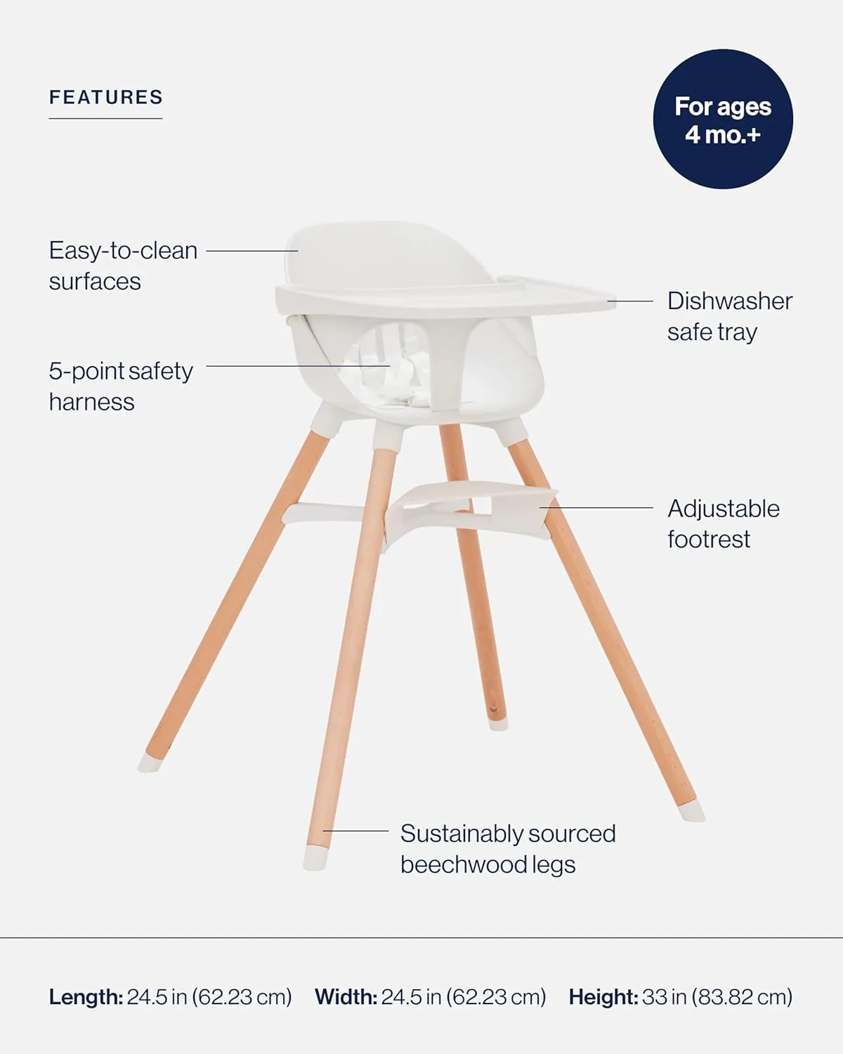 Lalo The High Chair Infant Kit - Convertible Wooden High Chair for Babies & Toddlers with Infant Support & Cushion, Grows with Your Child, Dishwasher Safe Tray, Adjustable Footrest Coconut