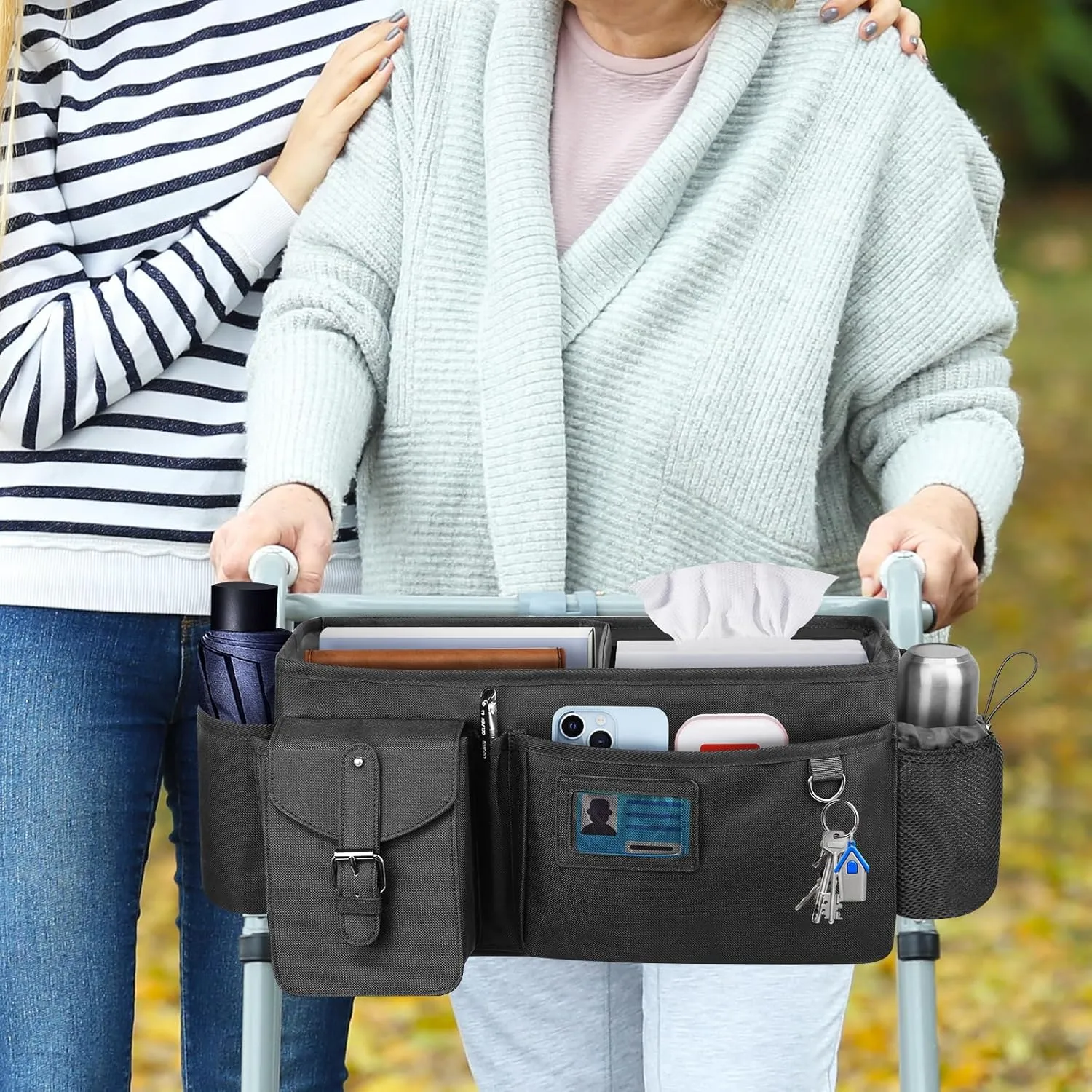 Large Walker Pouch for Rolling Walker - 16"L x 8.5"W x 8"H Double Thickened Oxford Walker Bag with Cup Holder, Durable Walker Tote Bag with Storage Pockets, Walker Accessories Bag, Black