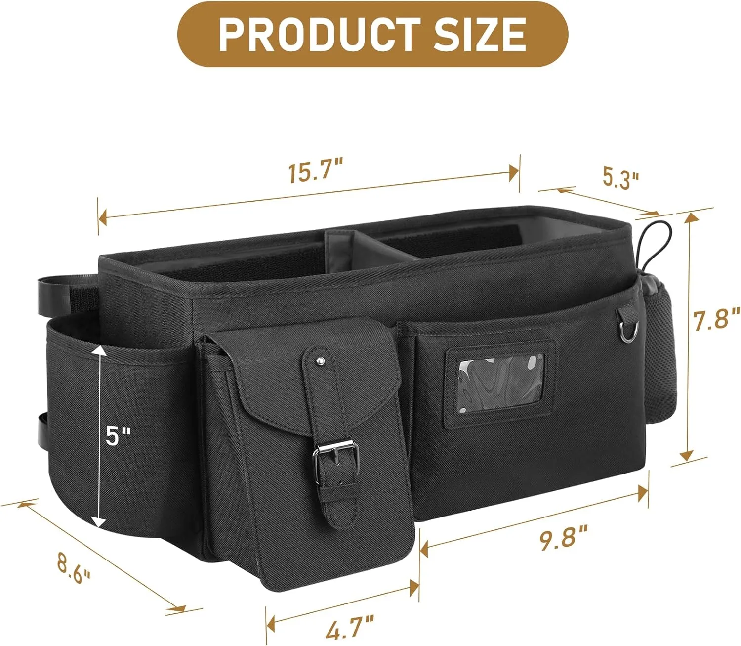 Large Walker Pouch for Rolling Walker - 16"L x 8.5"W x 8"H Double Thickened Oxford Walker Bag with Cup Holder, Durable Walker Tote Bag with Storage Pockets, Walker Accessories Bag, Black
