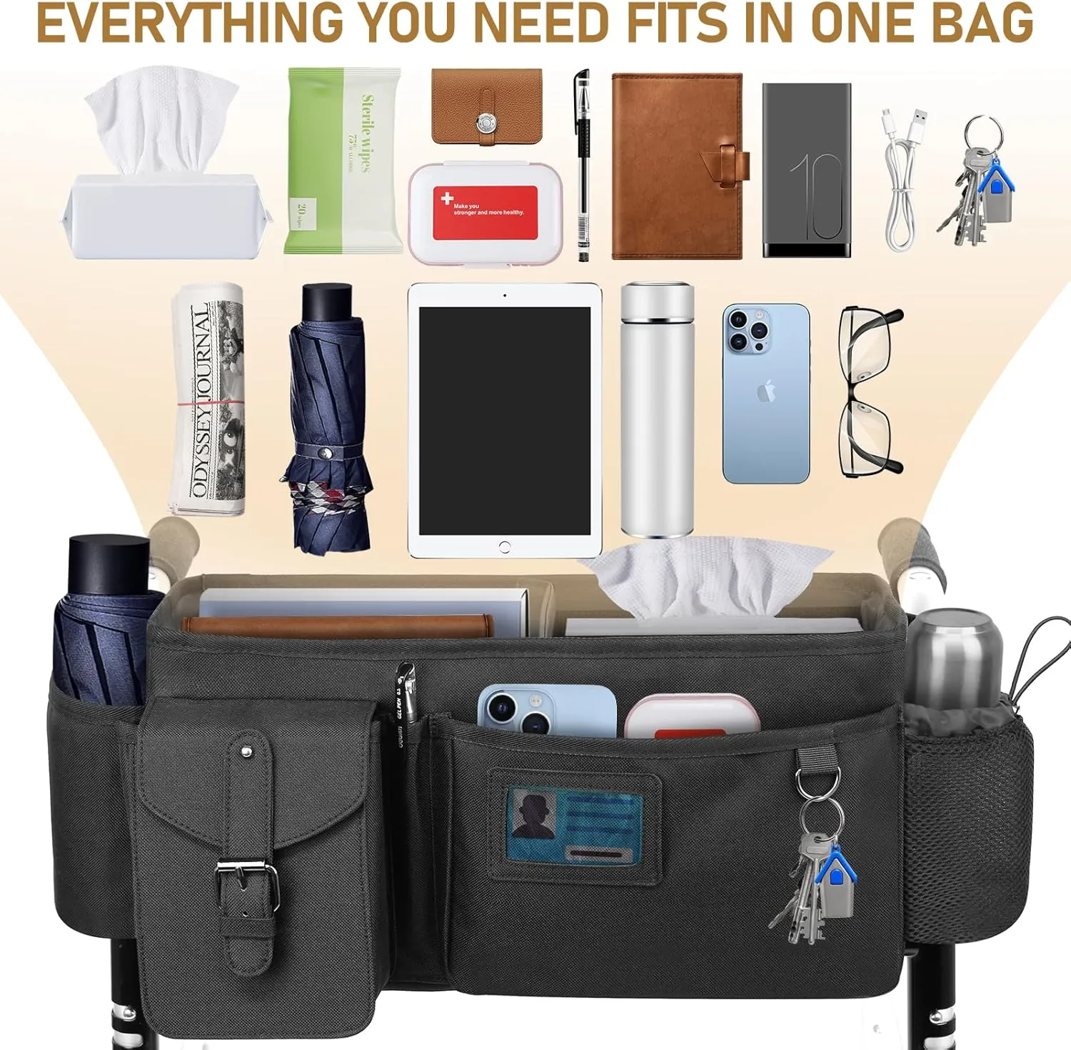 Large Walker Pouch for Rolling Walker - 16"L x 8.5"W x 8"H Double Thickened Oxford Walker Bag with Cup Holder, Durable Walker Tote Bag with Storage Pockets, Walker Accessories Bag, Black