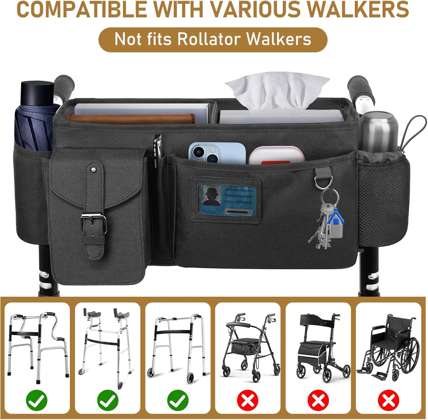 Large Walker Pouch for Rolling Walker - 16"L x 8.5"W x 8"H Double Thickened Oxford Walker Bag with Cup Holder, Durable Walker Tote Bag with Storage Pockets, Walker Accessories Bag, Black