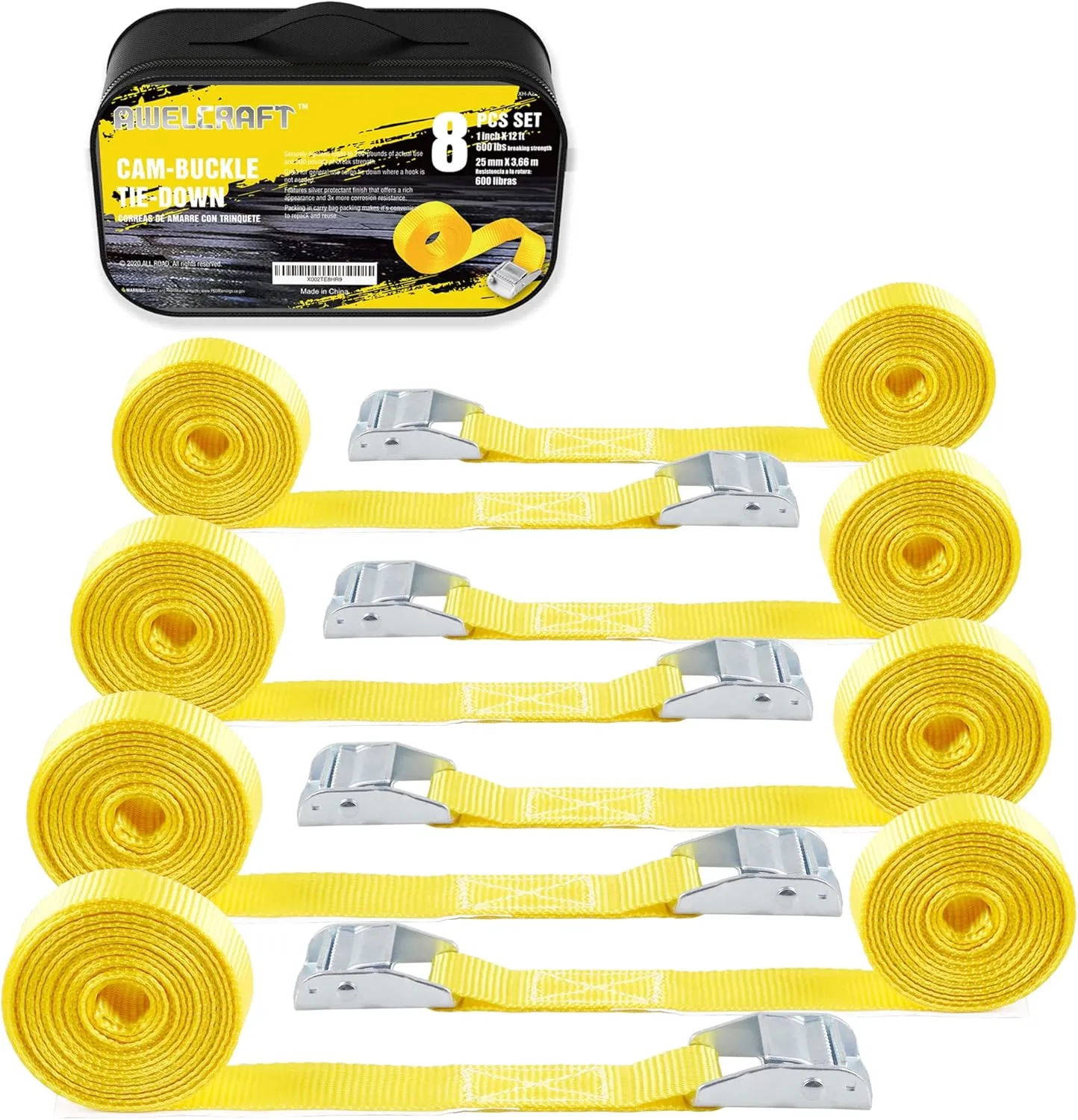 Lashing Tie Down Strap 8PK 1" x 12FT Cam Buckle Tie Down up to 600lbs, Yellow Color with Carry Bag