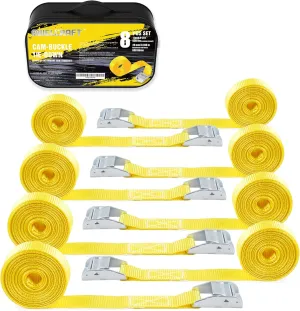 Lashing Tie Down Strap 8PK 1" x 12FT Cam Buckle Tie Down up to 600lbs, Yellow Color with Carry Bag