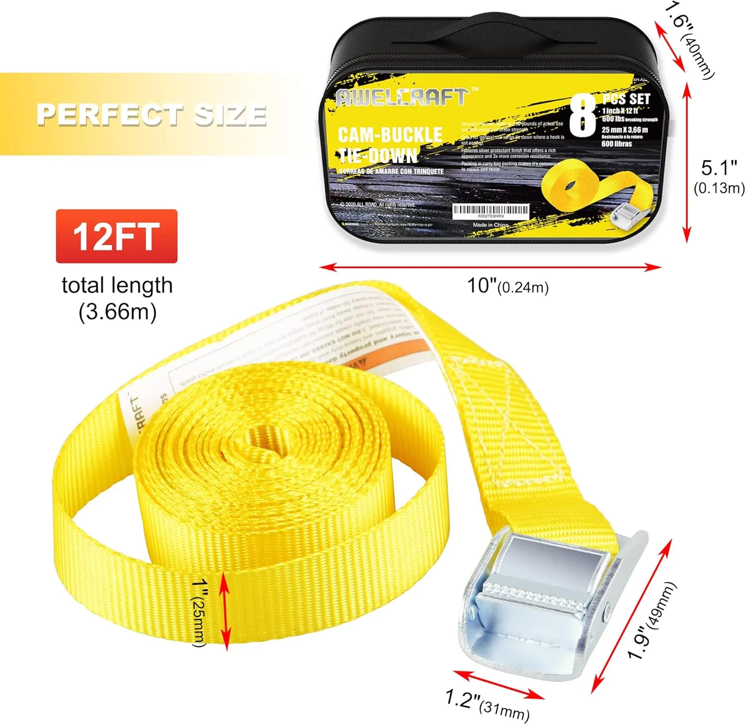 Lashing Tie Down Strap 8PK 1" x 12FT Cam Buckle Tie Down up to 600lbs, Yellow Color with Carry Bag