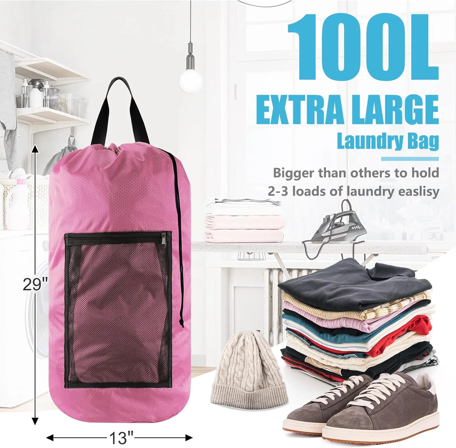 Laundry Bag Backpack,Olosar 2PCS Extra Large Travel Laundry Bag with Mesh Pocket & Adjustable Shoulder Straps,Dirty Clothes Travel Bag for College Students Dorm,Apartment(Pink)