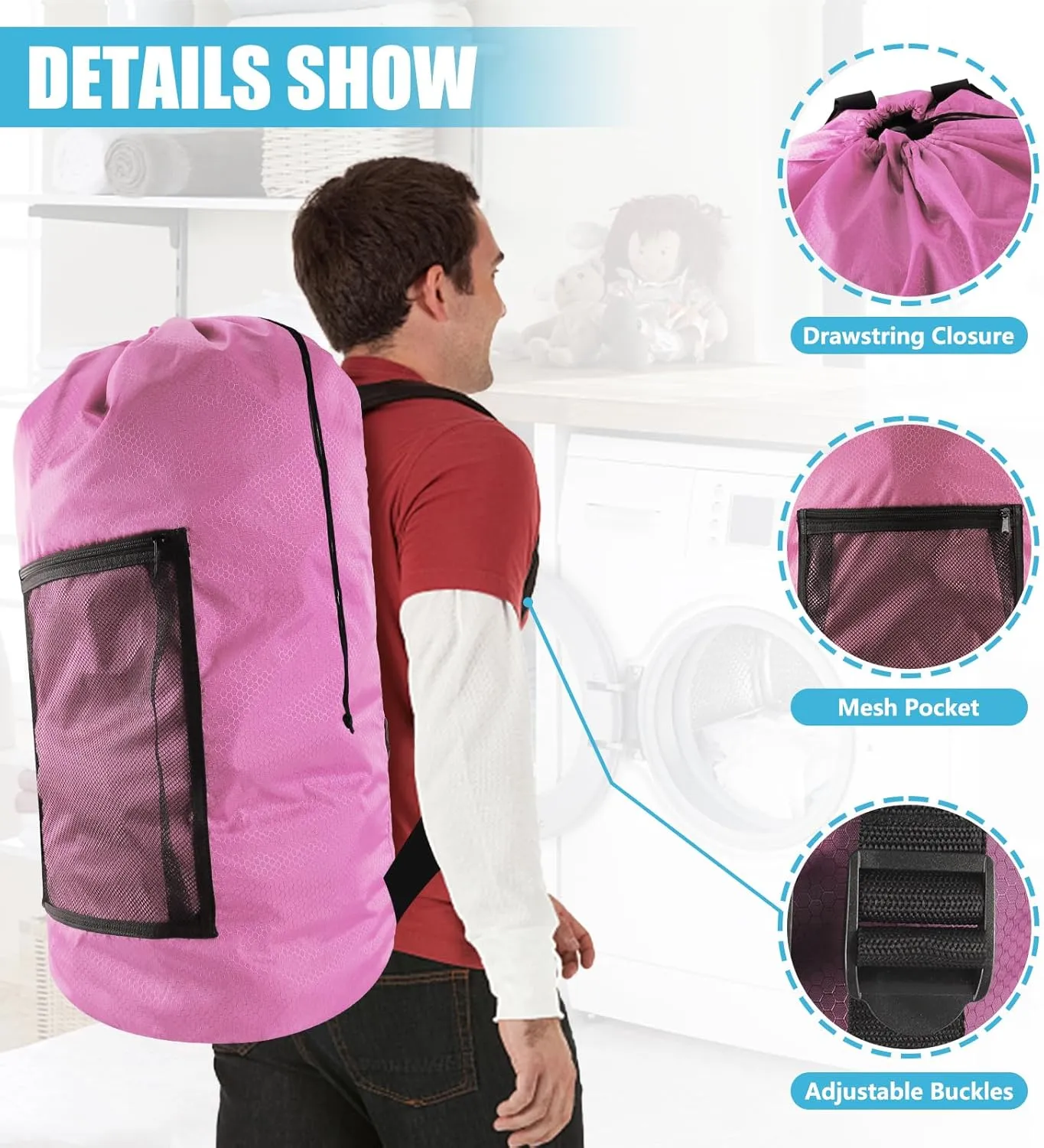 Laundry Bag Backpack,Olosar 2PCS Extra Large Travel Laundry Bag with Mesh Pocket & Adjustable Shoulder Straps,Dirty Clothes Travel Bag for College Students Dorm,Apartment(Pink)
