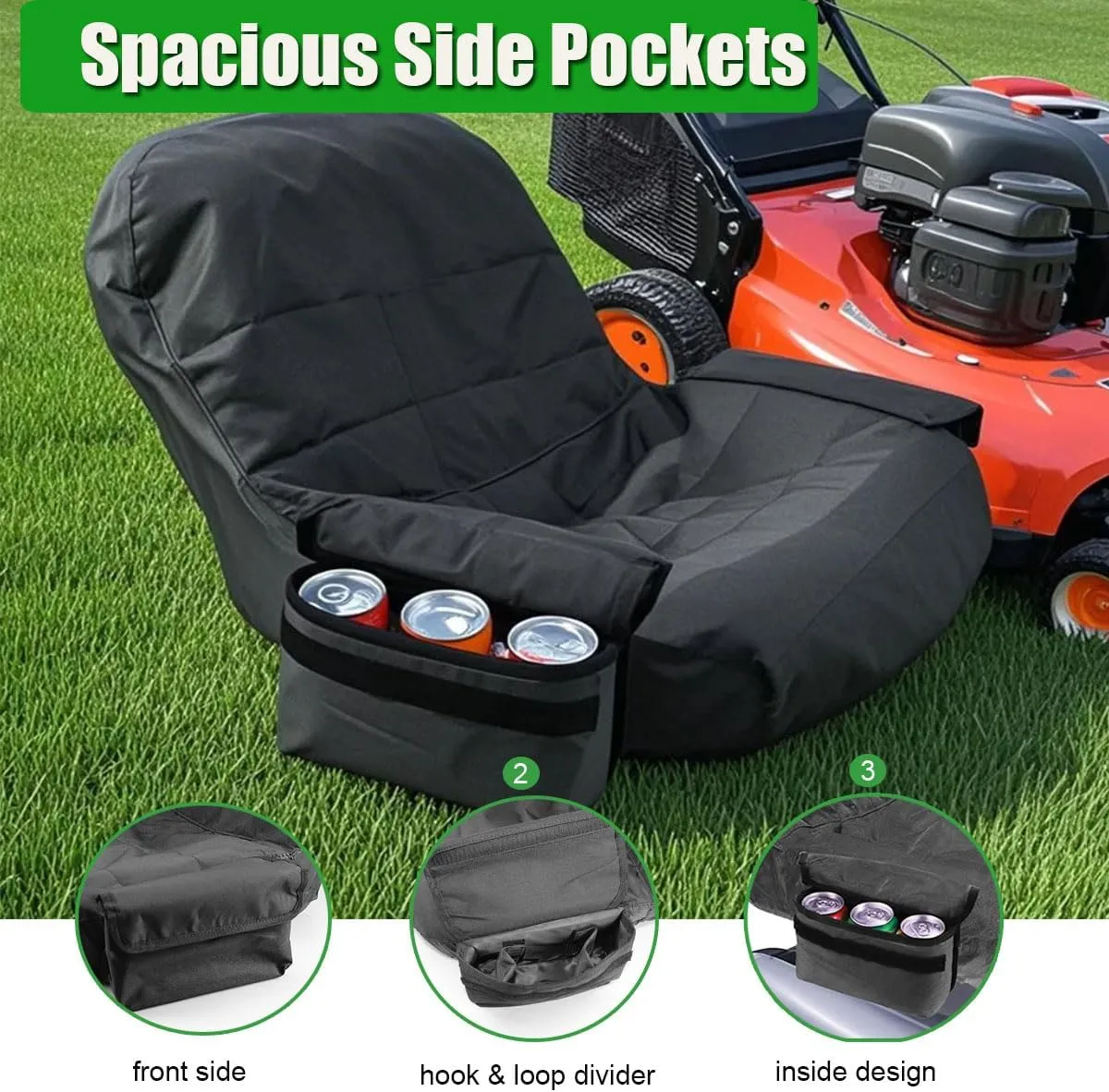 Lawn Mower Seat Cover with Pouch,Tractor Riding Mower Seat Cover Compatible wiht Husqvarna,for Zero Turn,for Troy Bilt,for Craftsman,for John Deere Lawn Mower Seat(Medium)