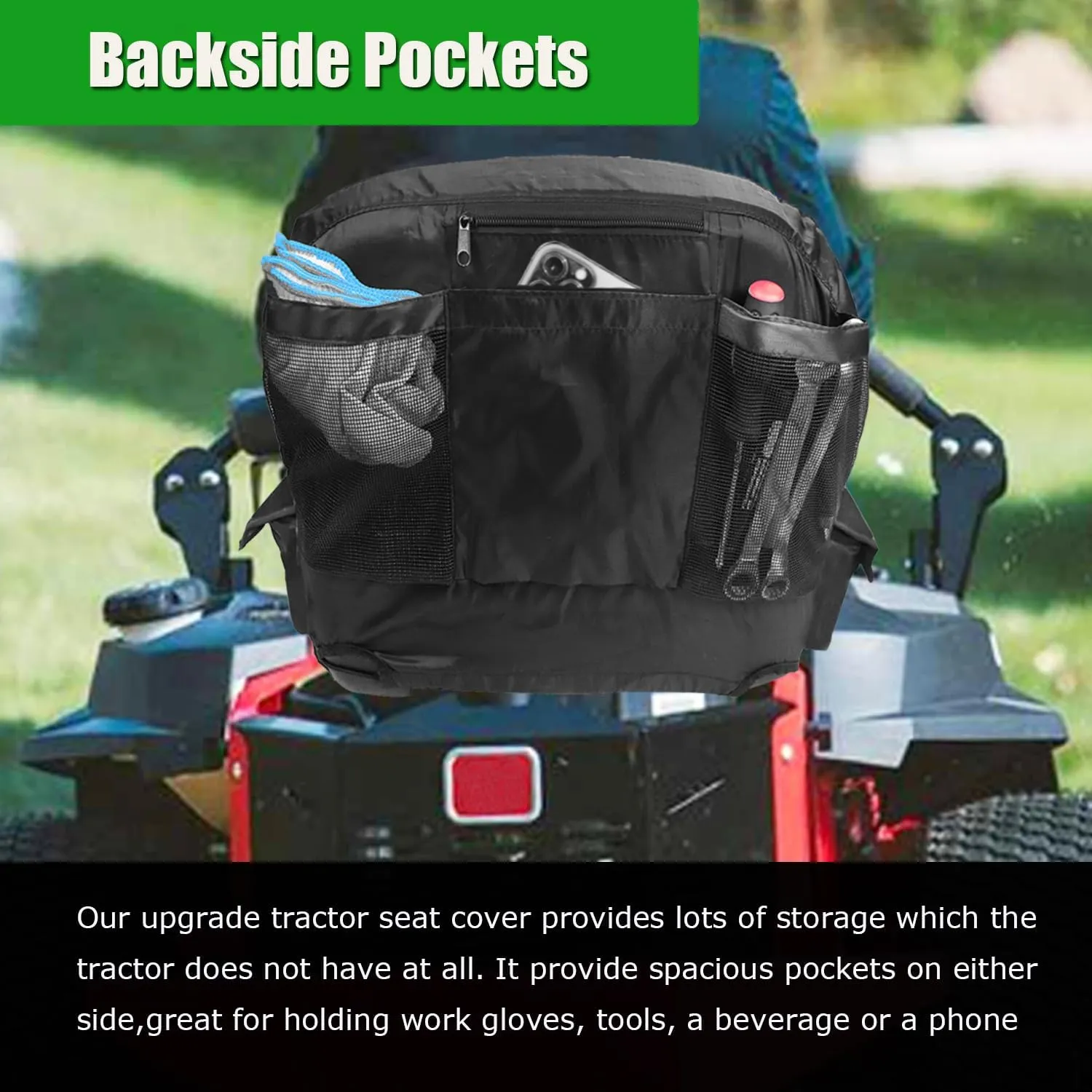Lawn Mower Seat Cover with Pouch,Tractor Riding Mower Seat Cover Compatible wiht Husqvarna,for Zero Turn,for Troy Bilt,for Craftsman,for John Deere Lawn Mower Seat(Medium)