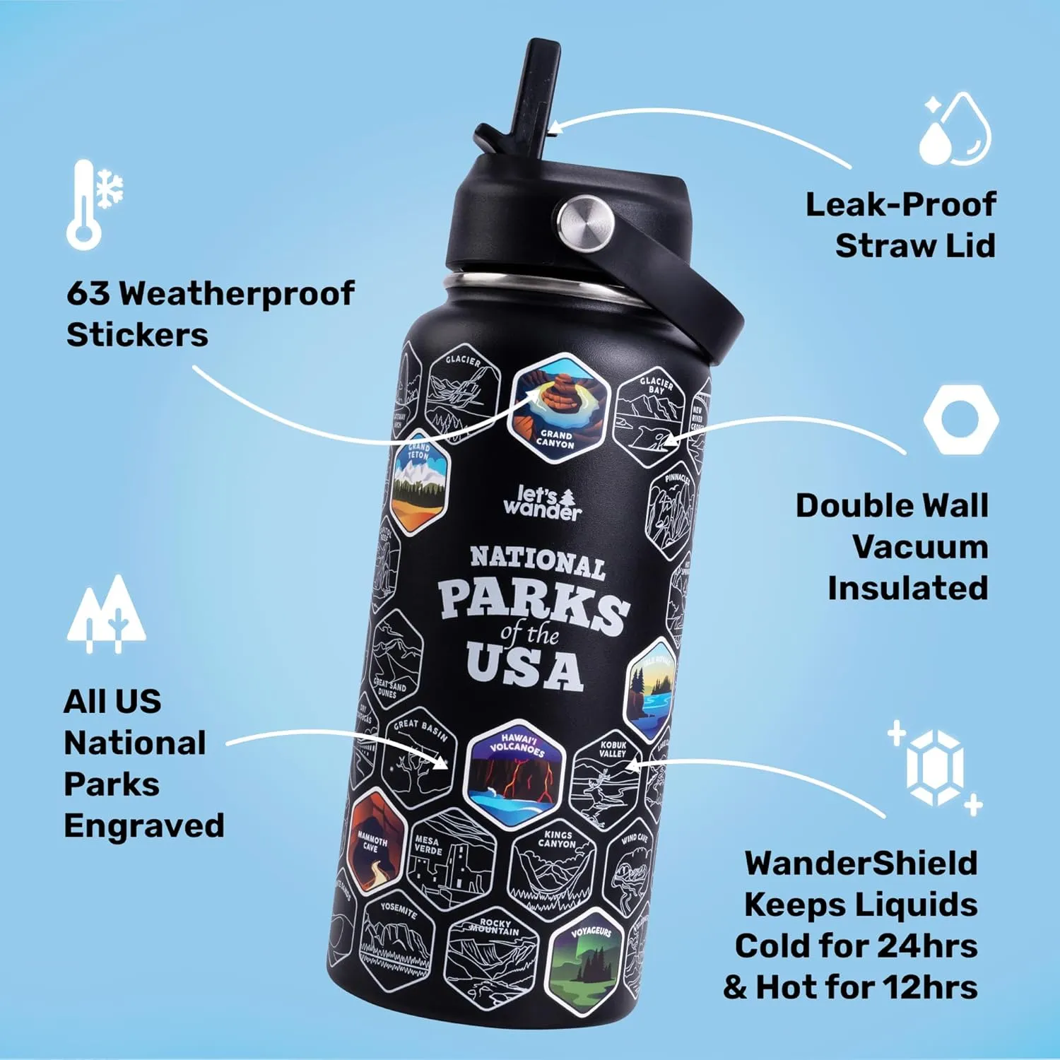LET'S WANDER Original National Parks Water Bottle with 63 Waterproof Stickers - 32oz Leakproof Insulated Stainless Steel with Straw - USA Hiker Gift Bottle (Black)