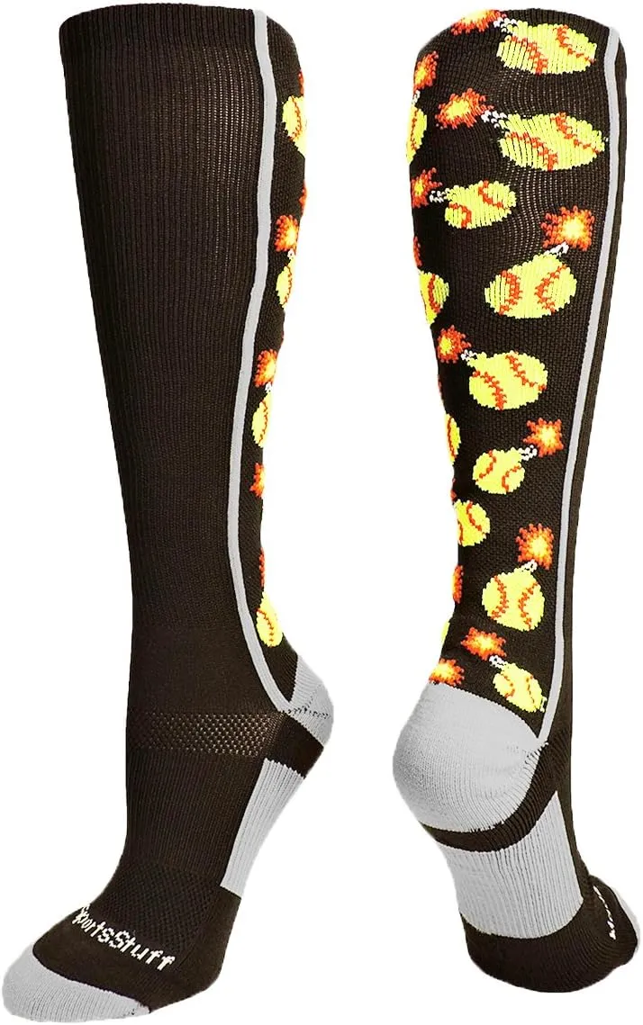 MadSportsStuff Softball Socks with Bombs - Softball Bombers Socks for Girls Women Youth Adult Over the Calf Gift Accessories