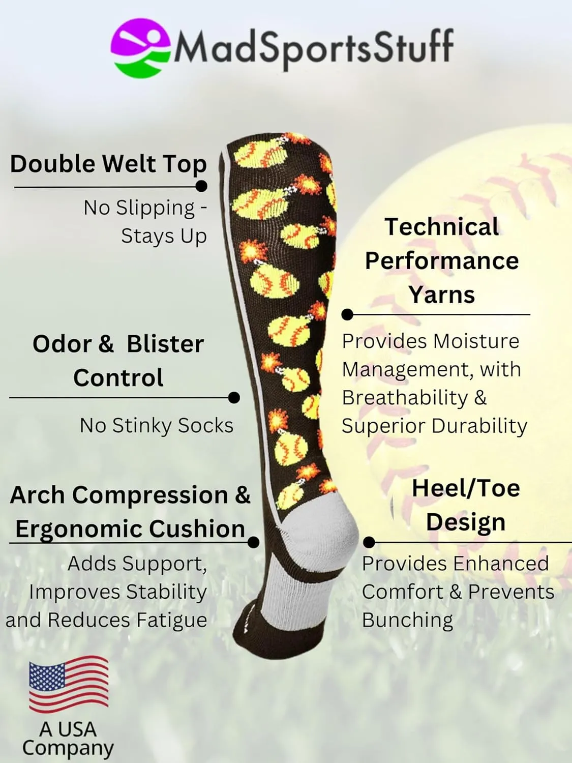 MadSportsStuff Softball Socks with Bombs - Softball Bombers Socks for Girls Women Youth Adult Over the Calf Gift Accessories