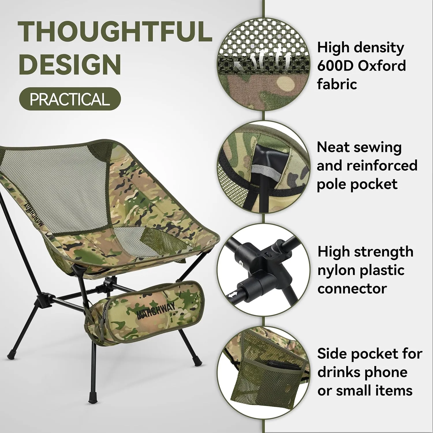MARCHWAY Ultralight Folding Camping Chair, Heavy Duty Portable Compact for Outdoor Camp, Travel, Beach, Picnic, Festival, Hiking, Lightweight Backpacking (Camo)