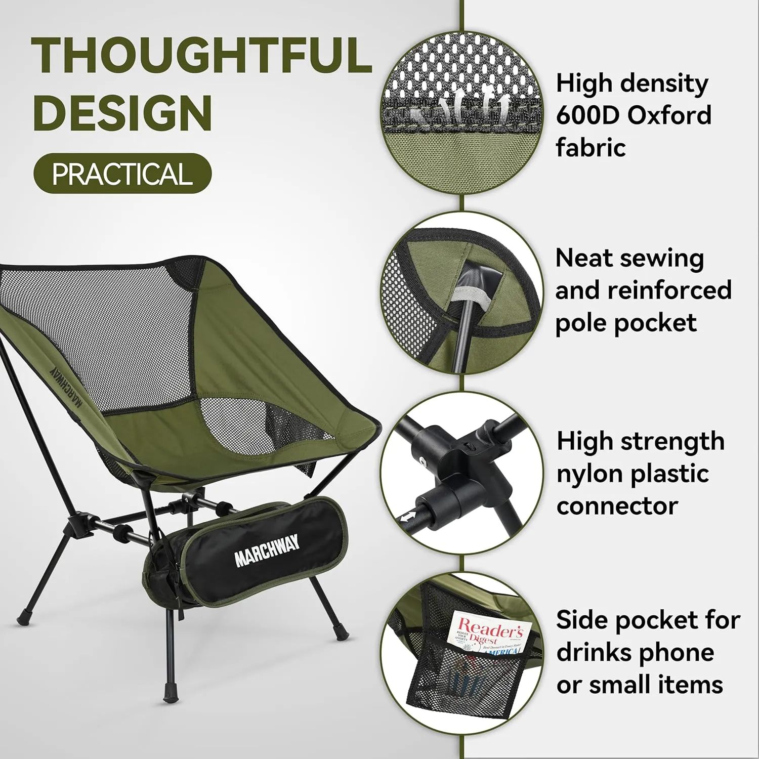 MARCHWAY Ultralight Folding Camping Chair, Heavy Duty Portable Compact for Outdoor Camp, Travel, Beach, Picnic, Festival, Hiking, Lightweight Backpacking (Green)