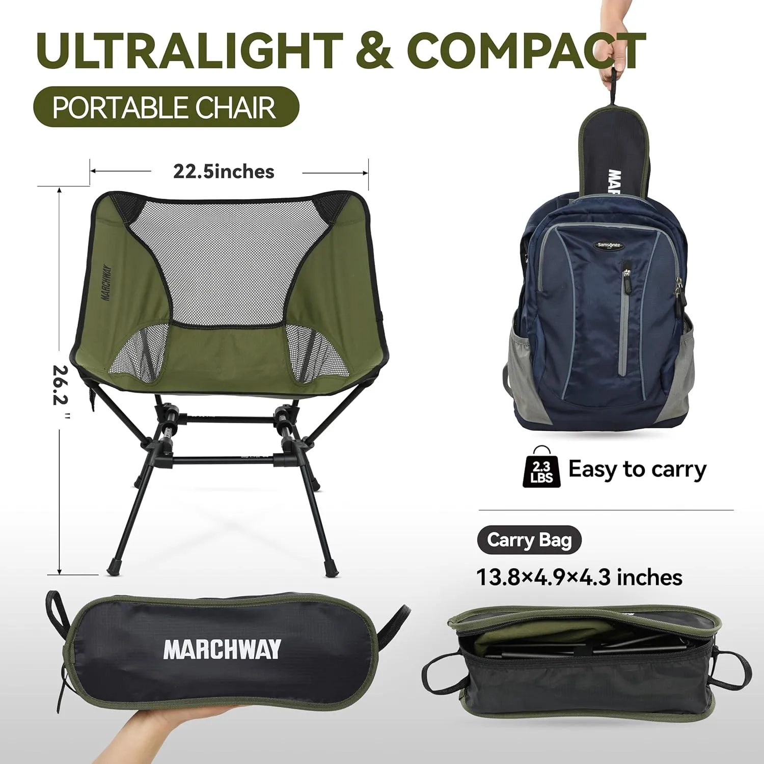 MARCHWAY Ultralight Folding Camping Chair, Heavy Duty Portable Compact for Outdoor Camp, Travel, Beach, Picnic, Festival, Hiking, Lightweight Backpacking (Green)