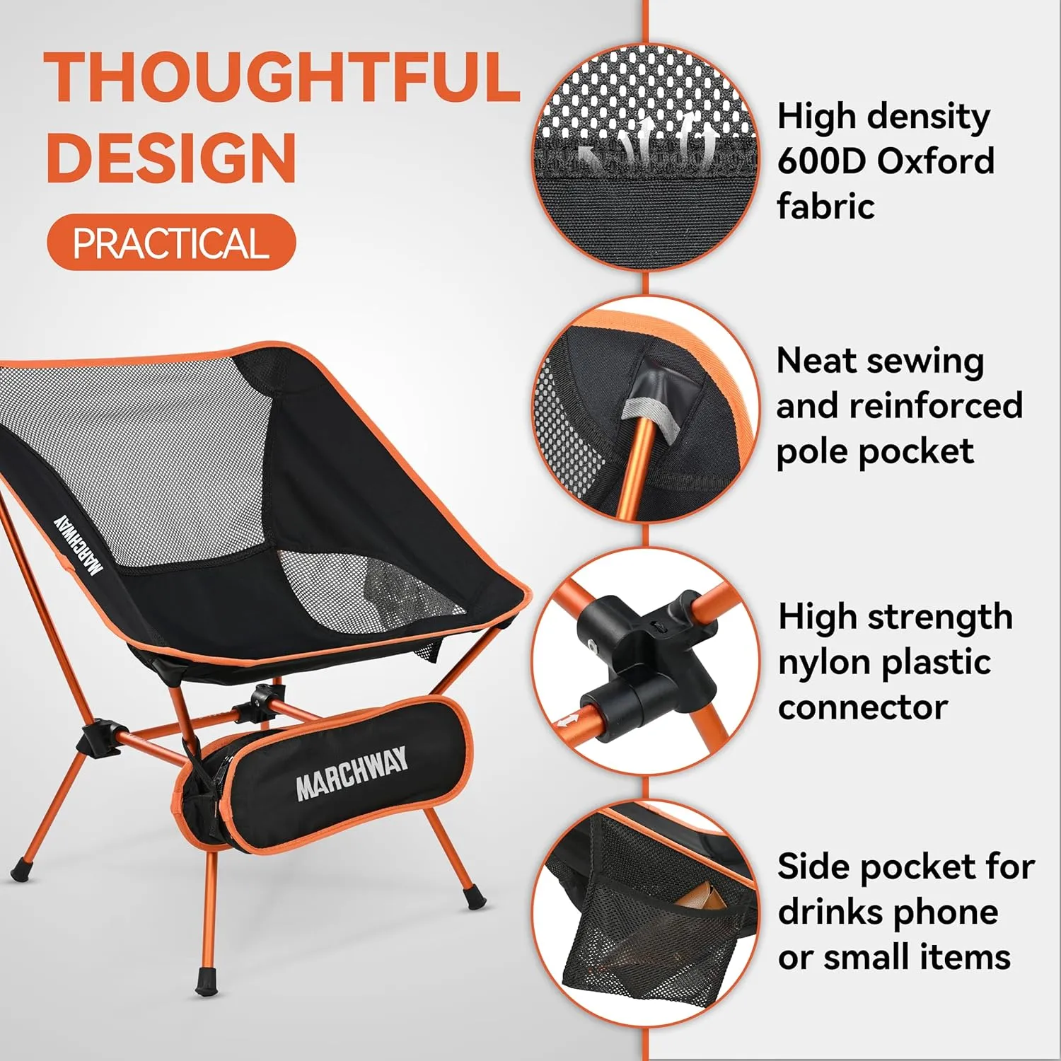 MARCHWAY Ultralight Folding Camping Chair, Heavy Duty Portable Compact for Outdoor Camp, Travel, Beach, Picnic, Festival, Hiking, Lightweight Backpacking (Orange)
