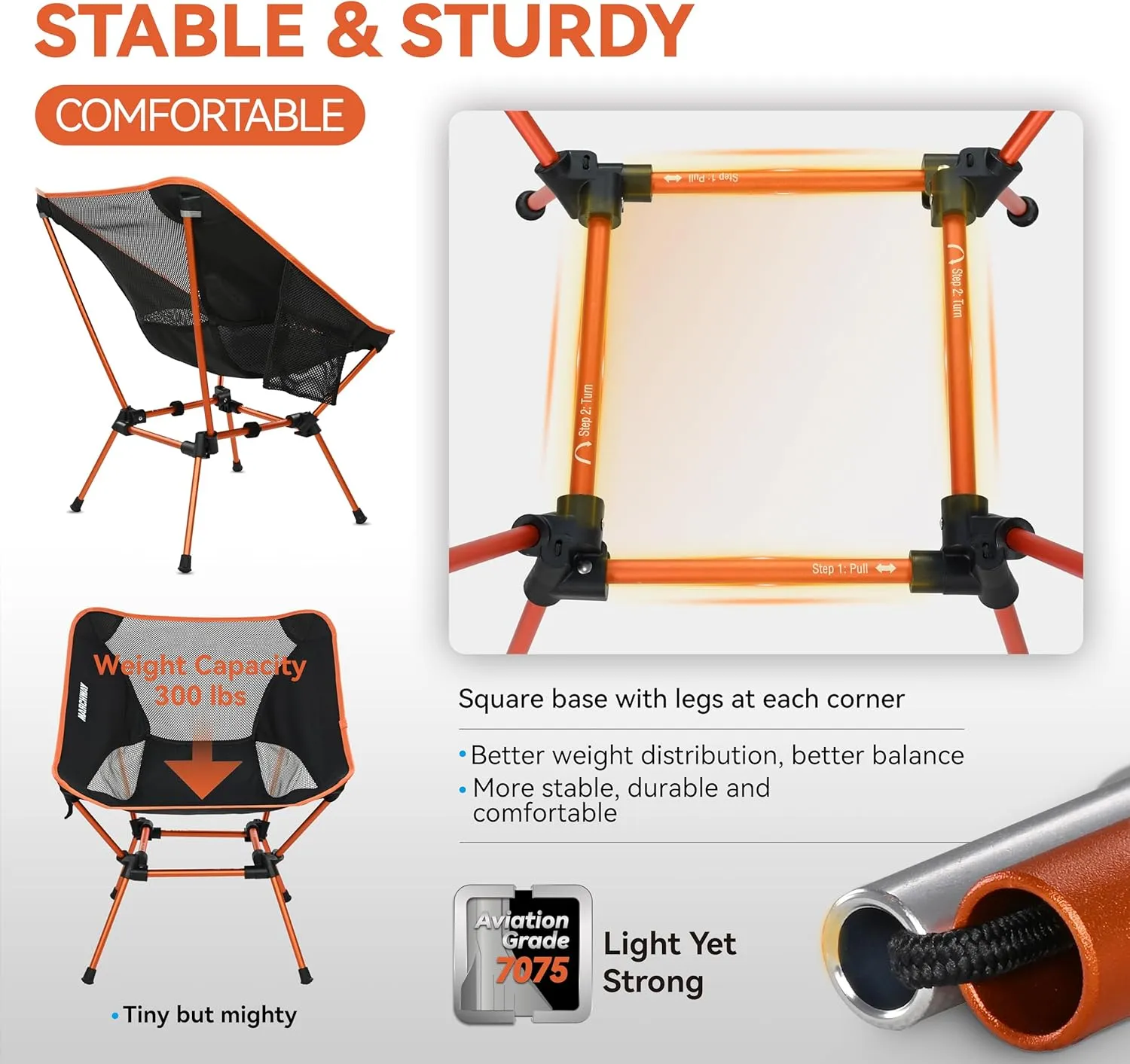 MARCHWAY Ultralight Folding Camping Chair, Heavy Duty Portable Compact for Outdoor Camp, Travel, Beach, Picnic, Festival, Hiking, Lightweight Backpacking (Orange)