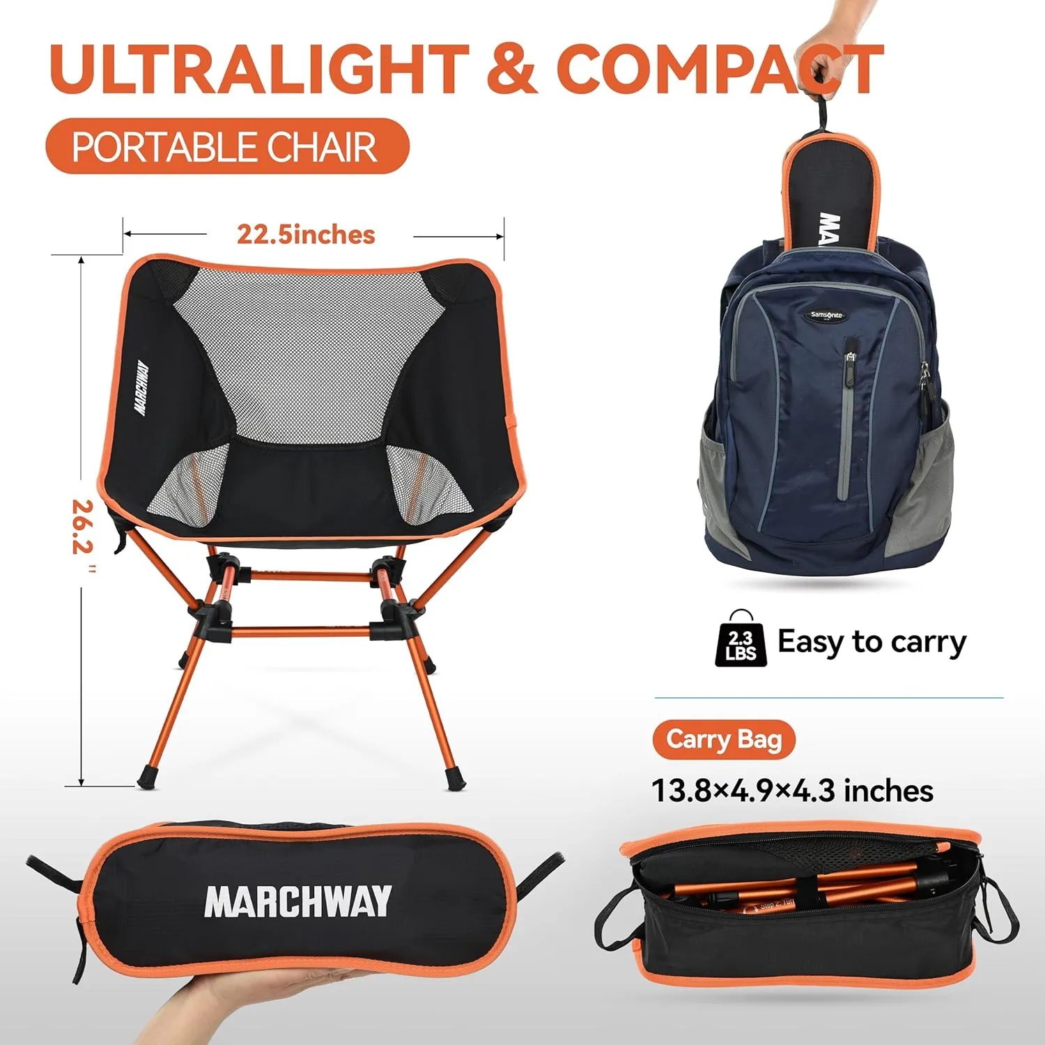 MARCHWAY Ultralight Folding Camping Chair, Heavy Duty Portable Compact for Outdoor Camp, Travel, Beach, Picnic, Festival, Hiking, Lightweight Backpacking (Orange)