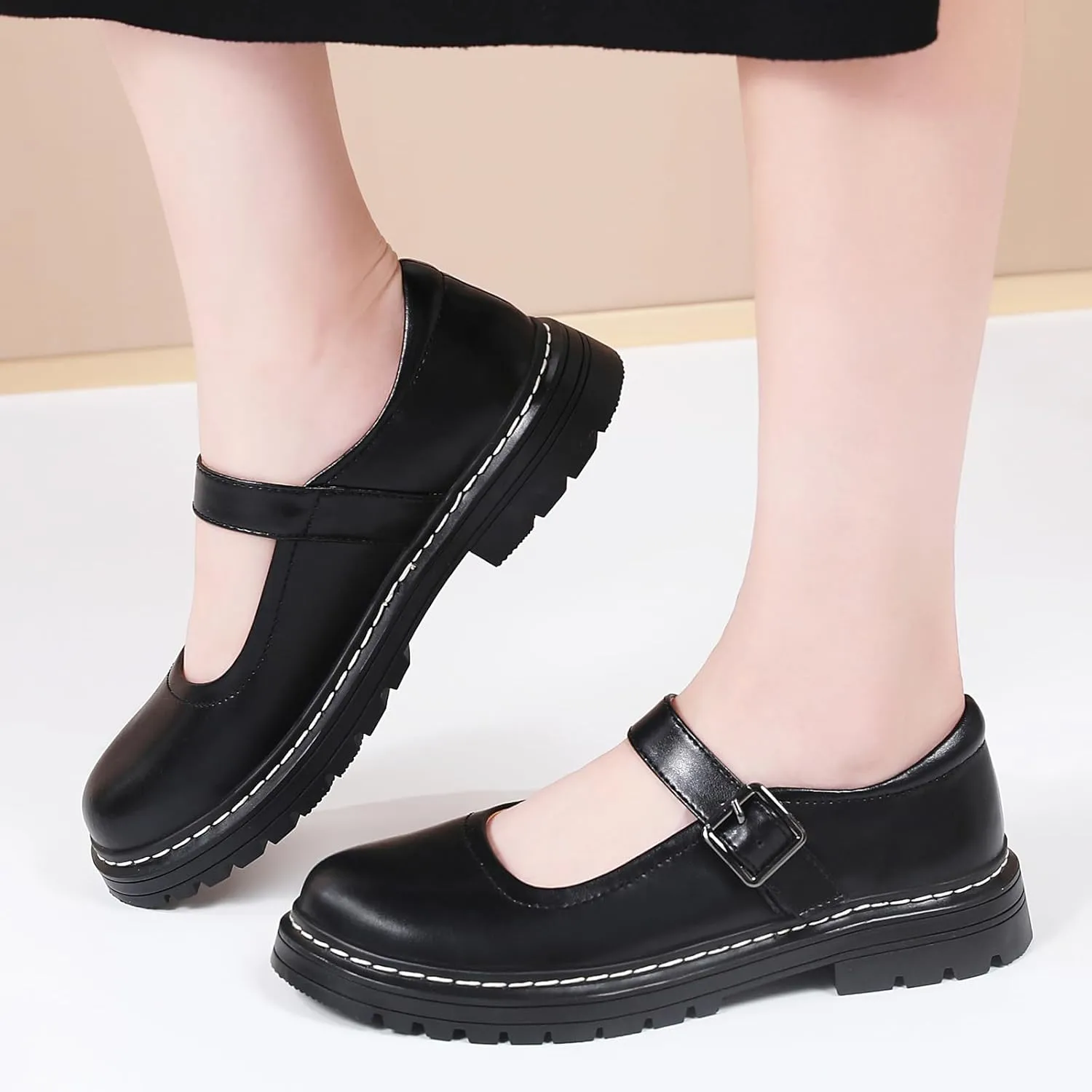 Mary Jane Shoes Women Platform Non-Slip Classics Round Toe Ankle Strap Comfort Casual Oxford Dress Work Mary Jane Flat Shoes