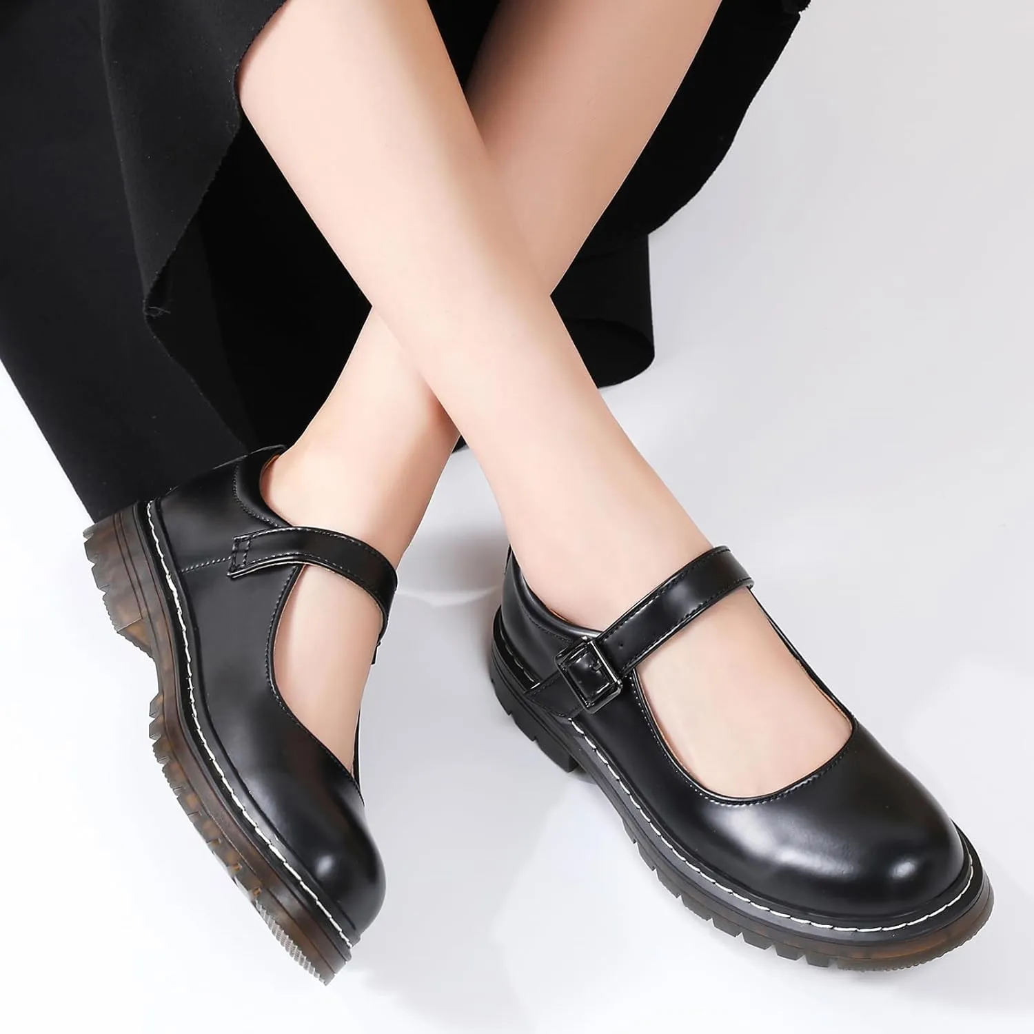 Mary Jane Shoes Women Platform Non-Slip Classics Round Toe Ankle Strap Comfort Casual Oxford Dress Work Mary Jane Flat Shoes