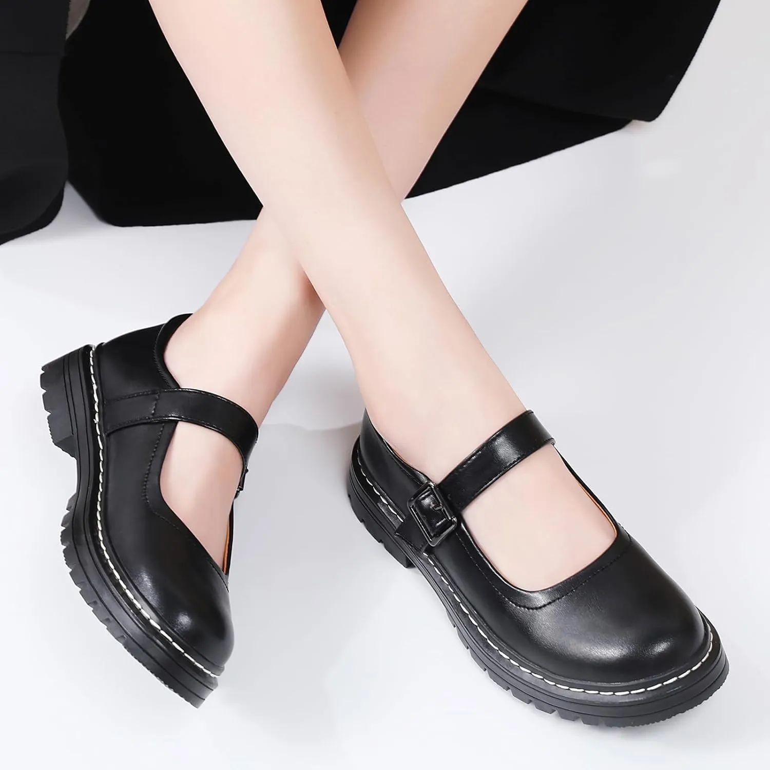 Mary Jane Shoes Women Platform Non-Slip Classics Round Toe Ankle Strap Comfort Casual Oxford Dress Work Mary Jane Flat Shoes