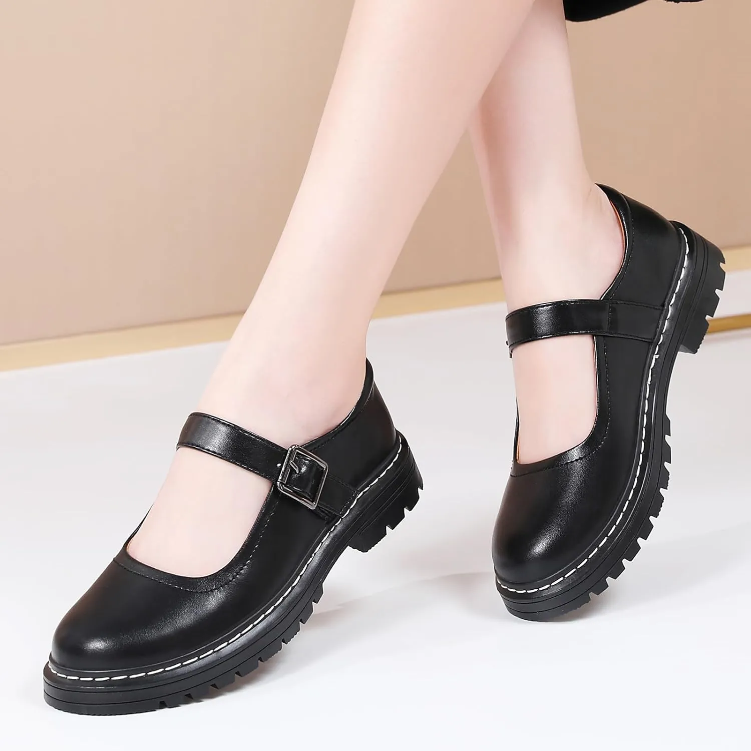 Mary Jane Shoes Women Platform Non-Slip Classics Round Toe Ankle Strap Comfort Casual Oxford Dress Work Mary Jane Flat Shoes