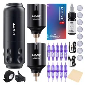 Mast Sensor Tattoo Gun Kit Wireless Complete Tattoo Kit 2 Rca Batteries Power Supply Pro Short Tattoo Machine Kit
