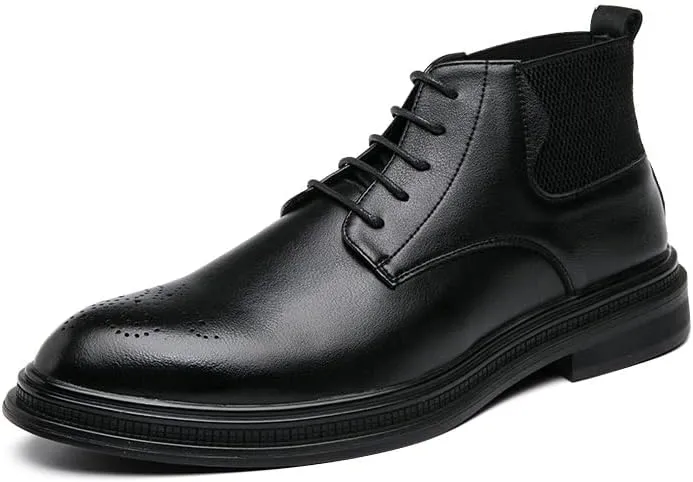 Mens Ankle Boots Slip Resistant Waterproof Wearable Round Burnished Toe Brogue Embossed Vegan Leather Stylish Dress