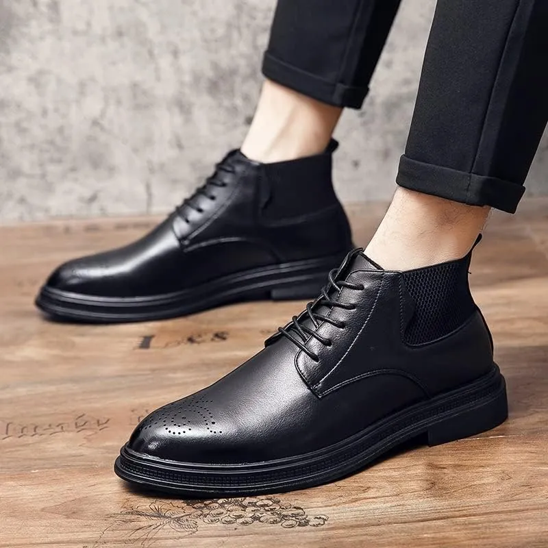 Mens Ankle Boots Slip Resistant Waterproof Wearable Round Burnished Toe Brogue Embossed Vegan Leather Stylish Dress